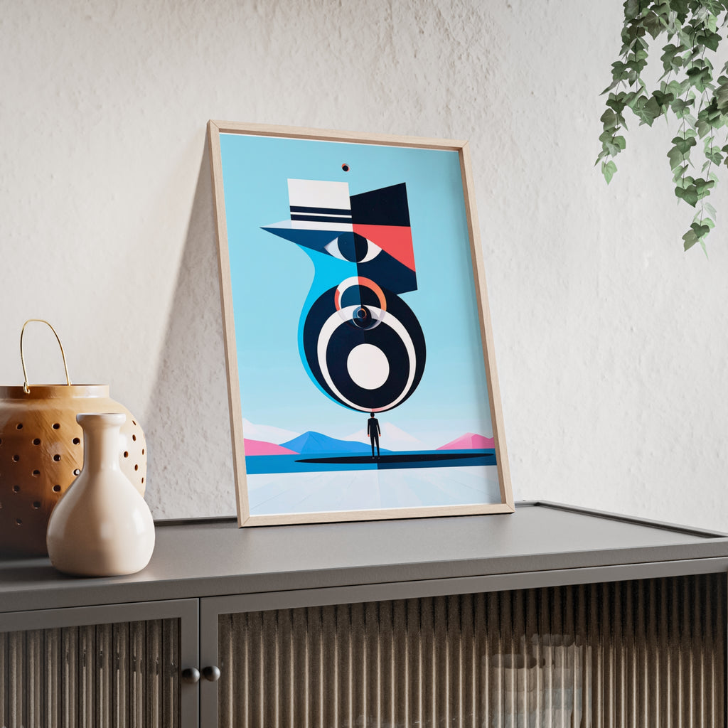 Abstract Geometric Bird Poster with Wooden Frame — Modern Minimalist Wall Art