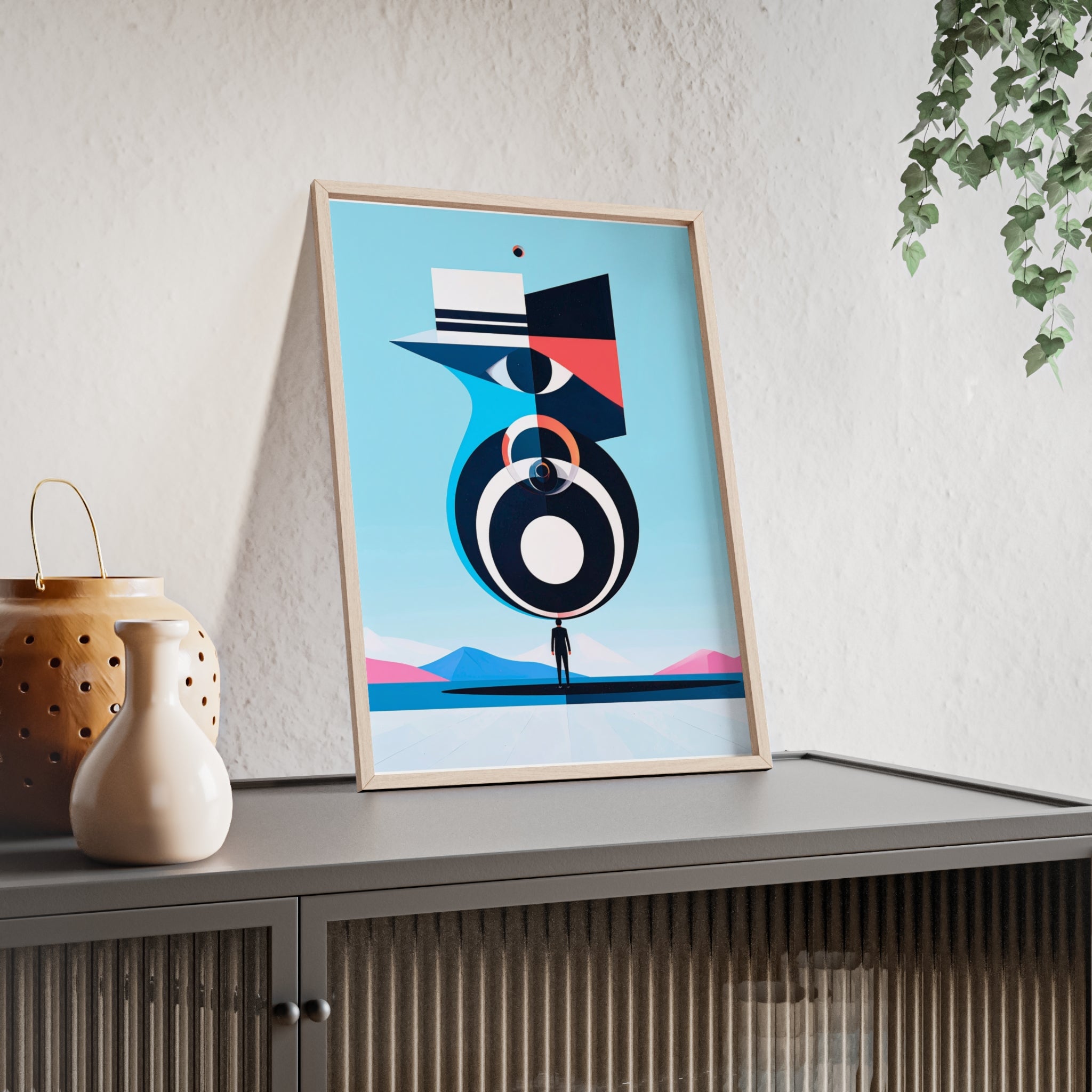 Abstract Geometric Bird Poster with Wooden Frame — Modern Minimalist Wall Art