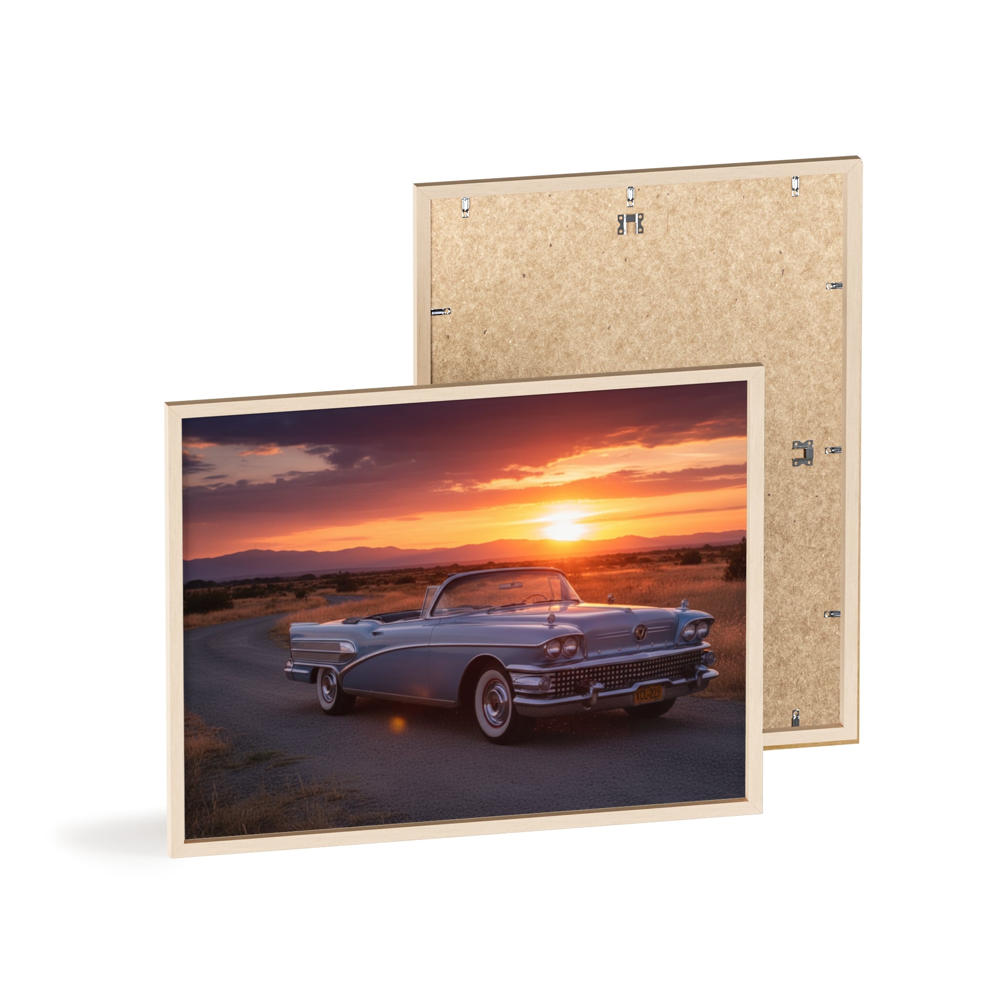 Vintage Convertible Sunset Poster with Wooden Frame