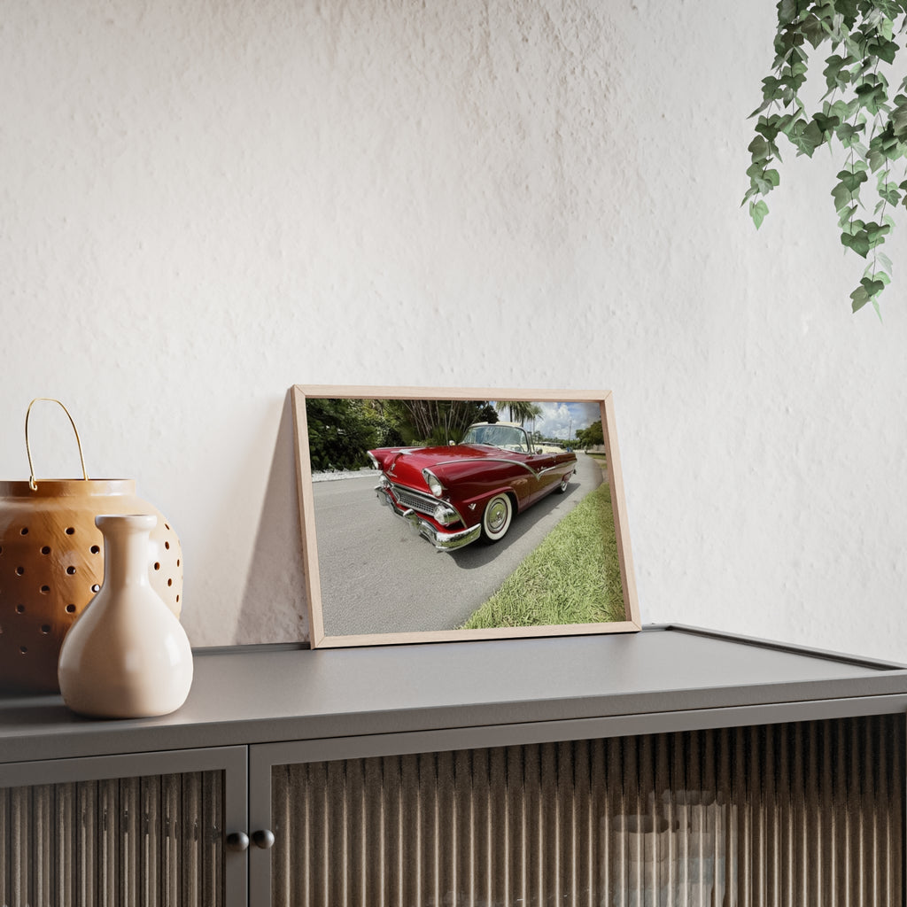 Vintage Red Convertible Poster with Wooden Frame — Classic Car Wall Art