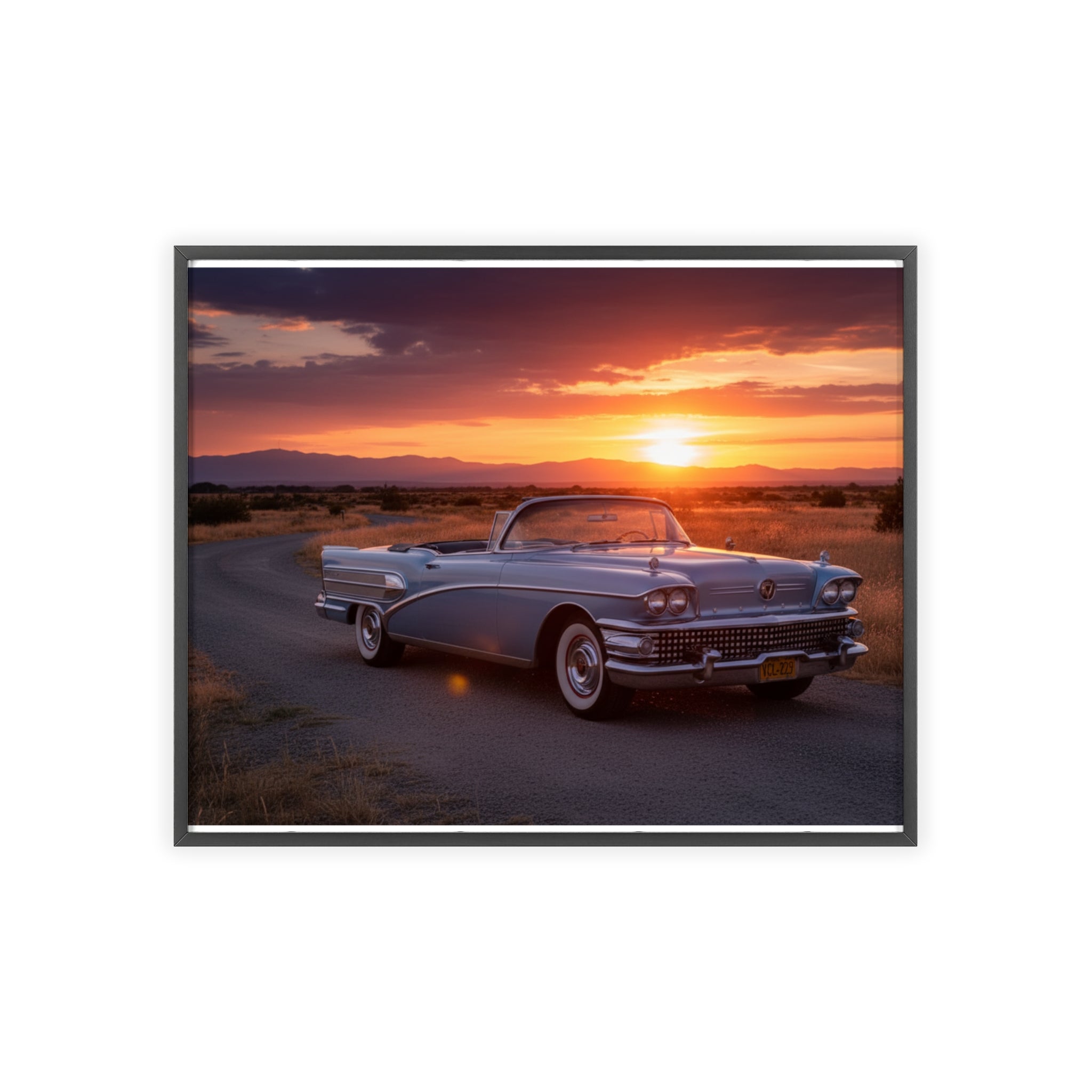 Vintage Convertible Sunset Poster with Wooden Frame