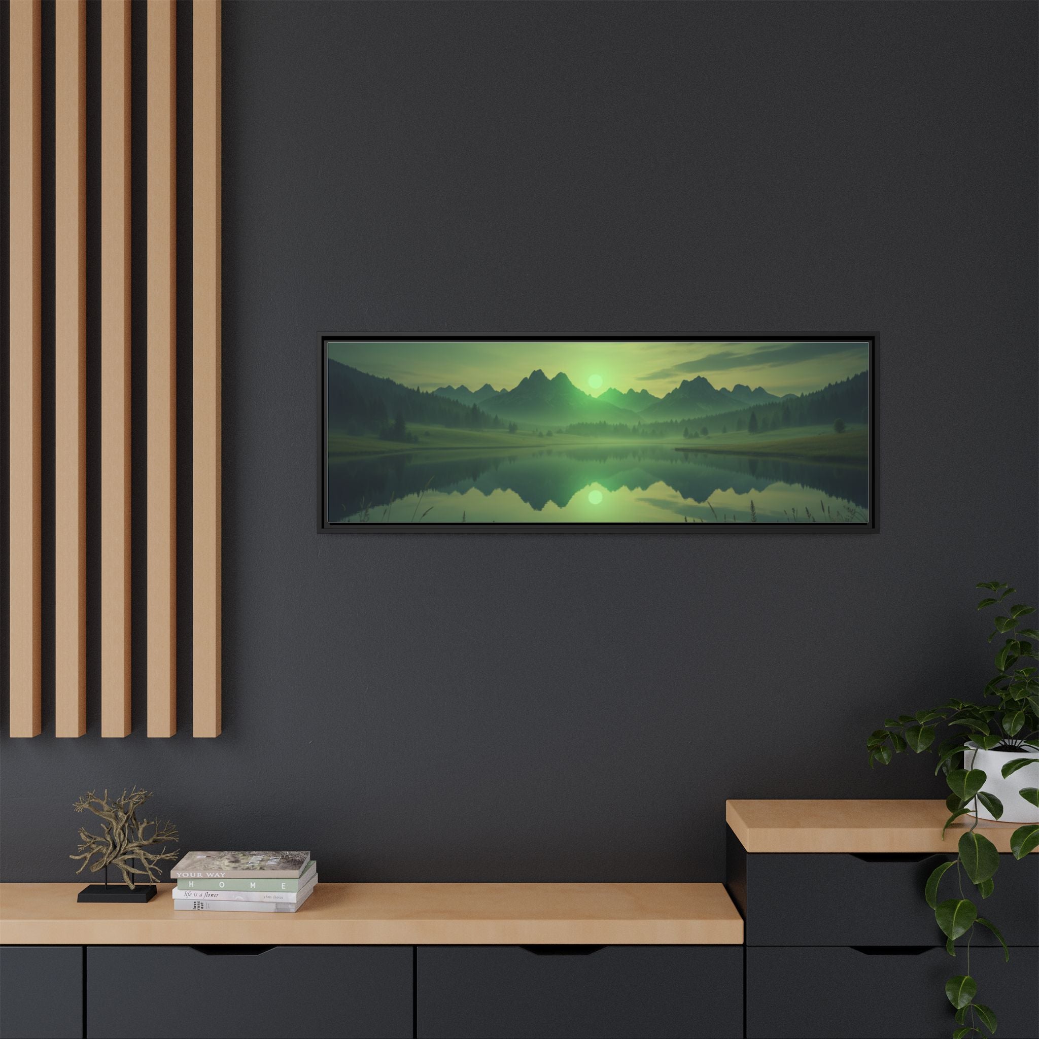 Framed Matte Canvas Print — Serene Green Mountain Lake Landscape