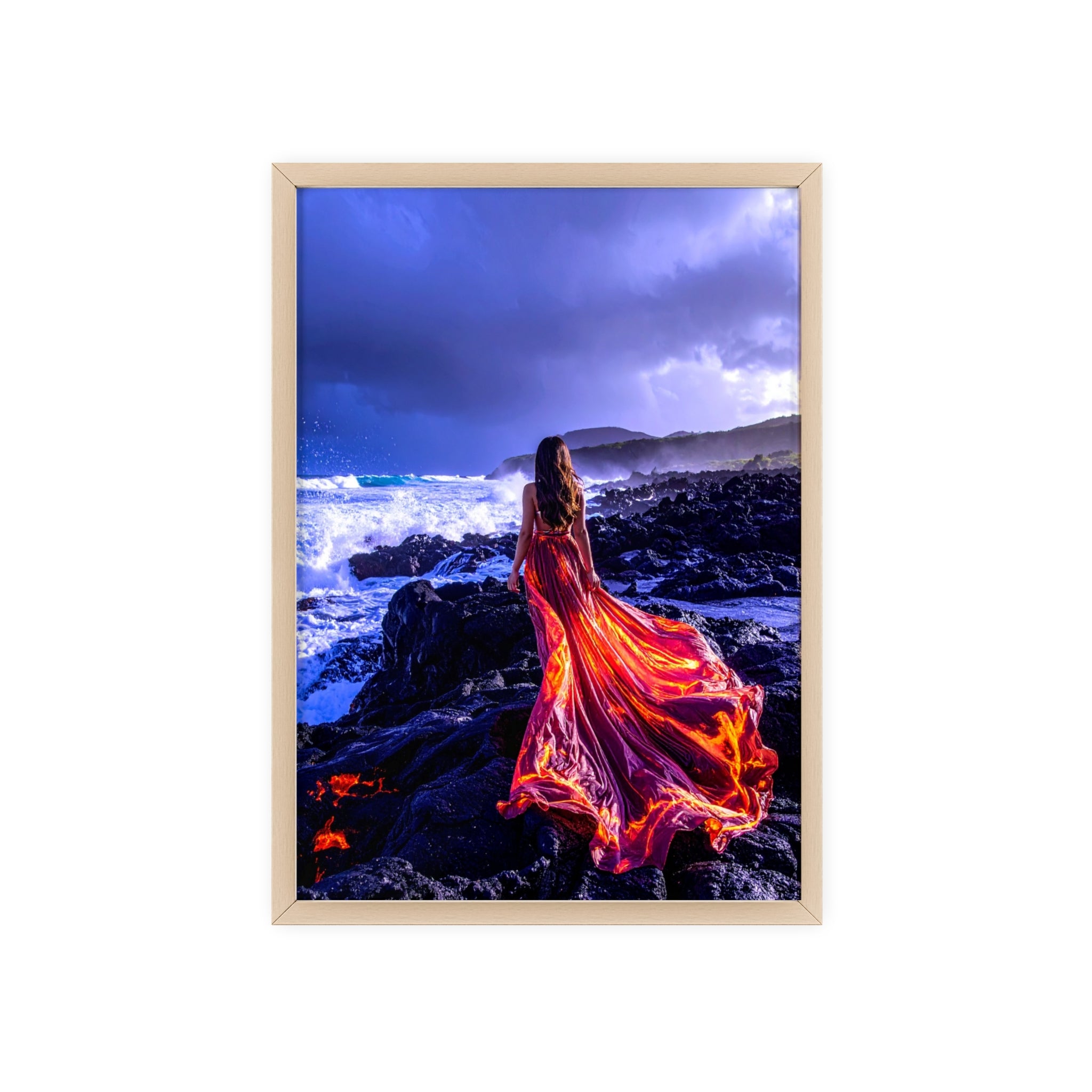 Framed Art Print — Woman in Fiery Red Dress on Rocky Shore (Wooden Frame Poster)