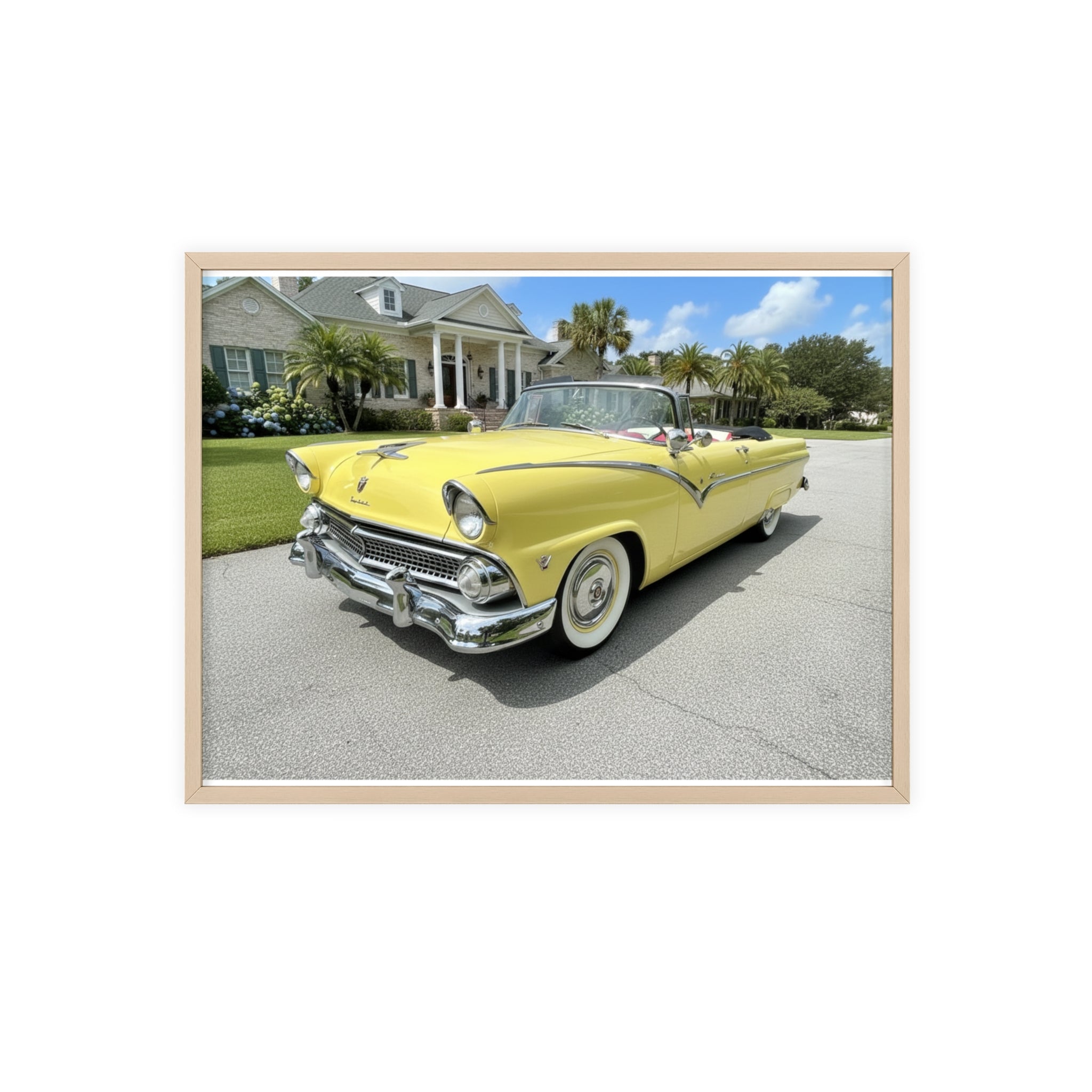 Vintage Yellow Classic Car Poster — Framed Wooden Wall Art