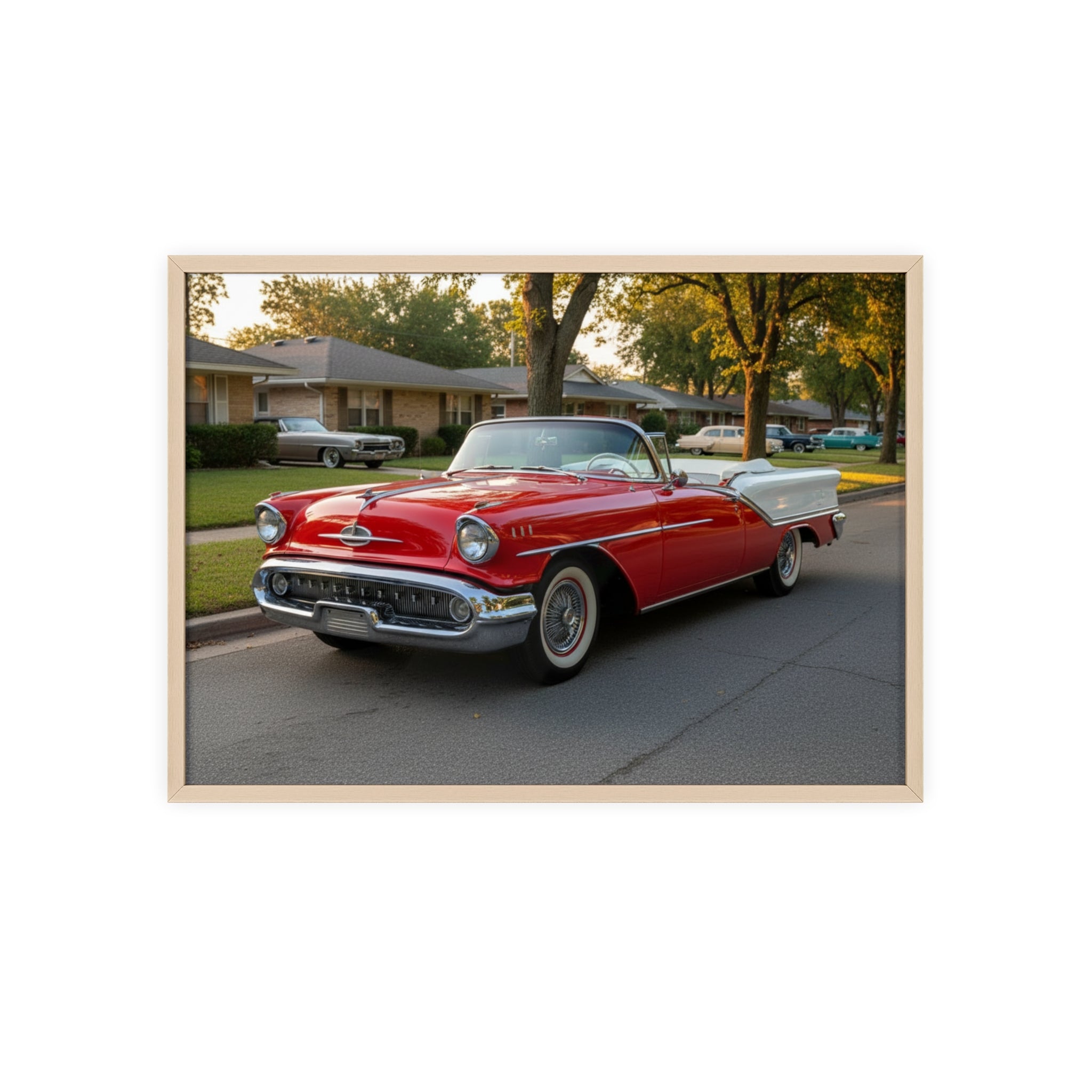 Vintage Red Convertible Poster with Wooden Frame — Classic Car Wall Art