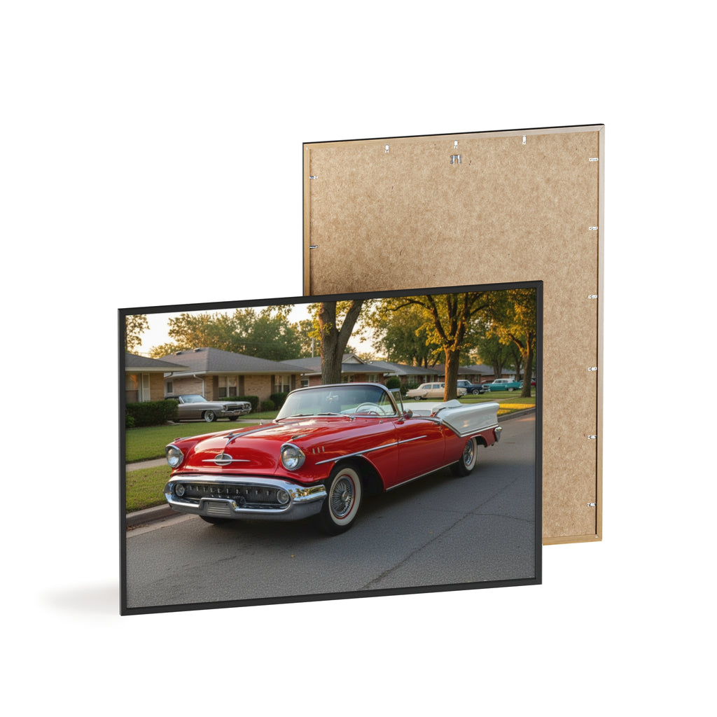Vintage Red Convertible Poster with Wooden Frame — Classic Car Wall Art