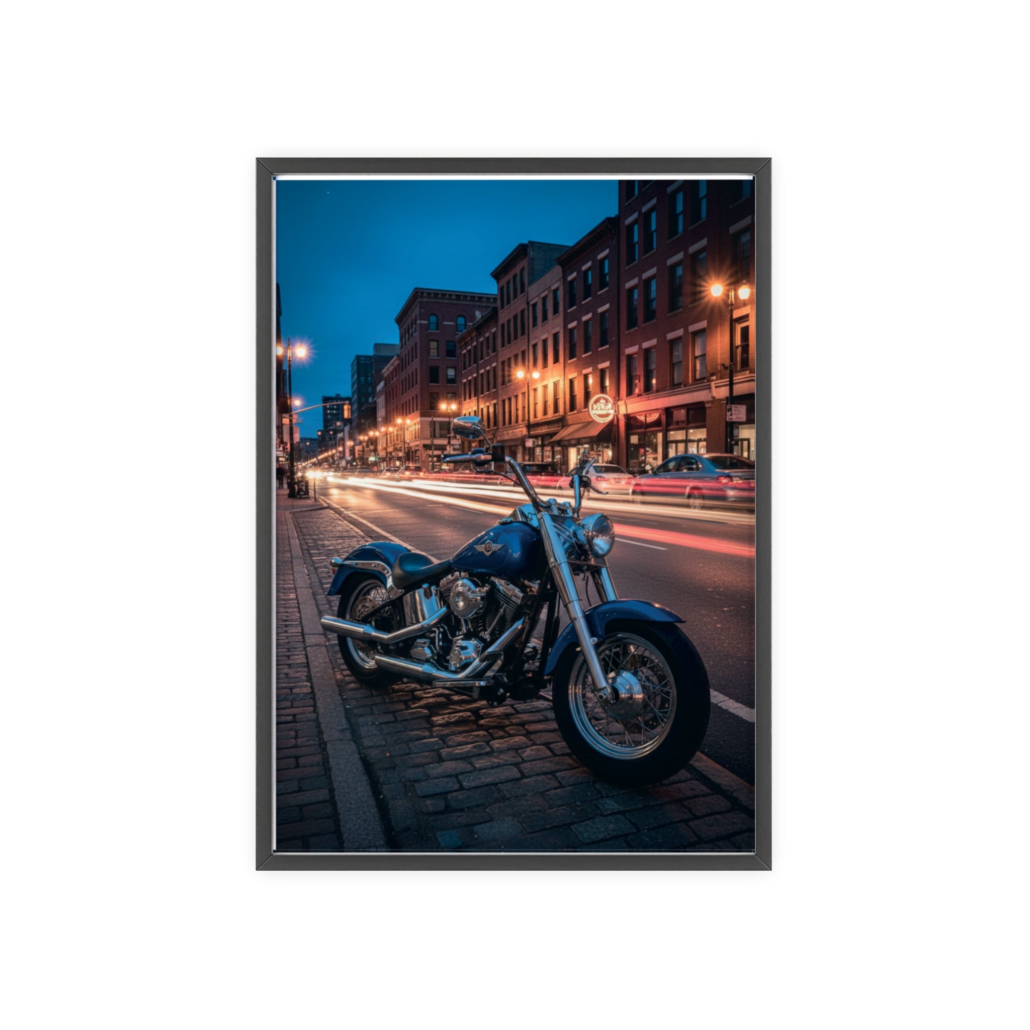 Framed Motorcycle Poster — Night City Street Bike Wall Art