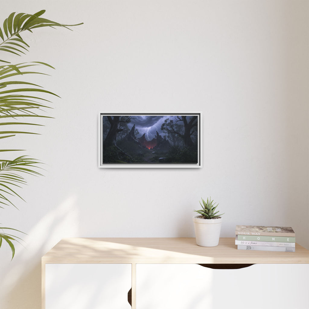Dark Storm Forest Framed Canvas Print — Lightning, Haunted Castle Art