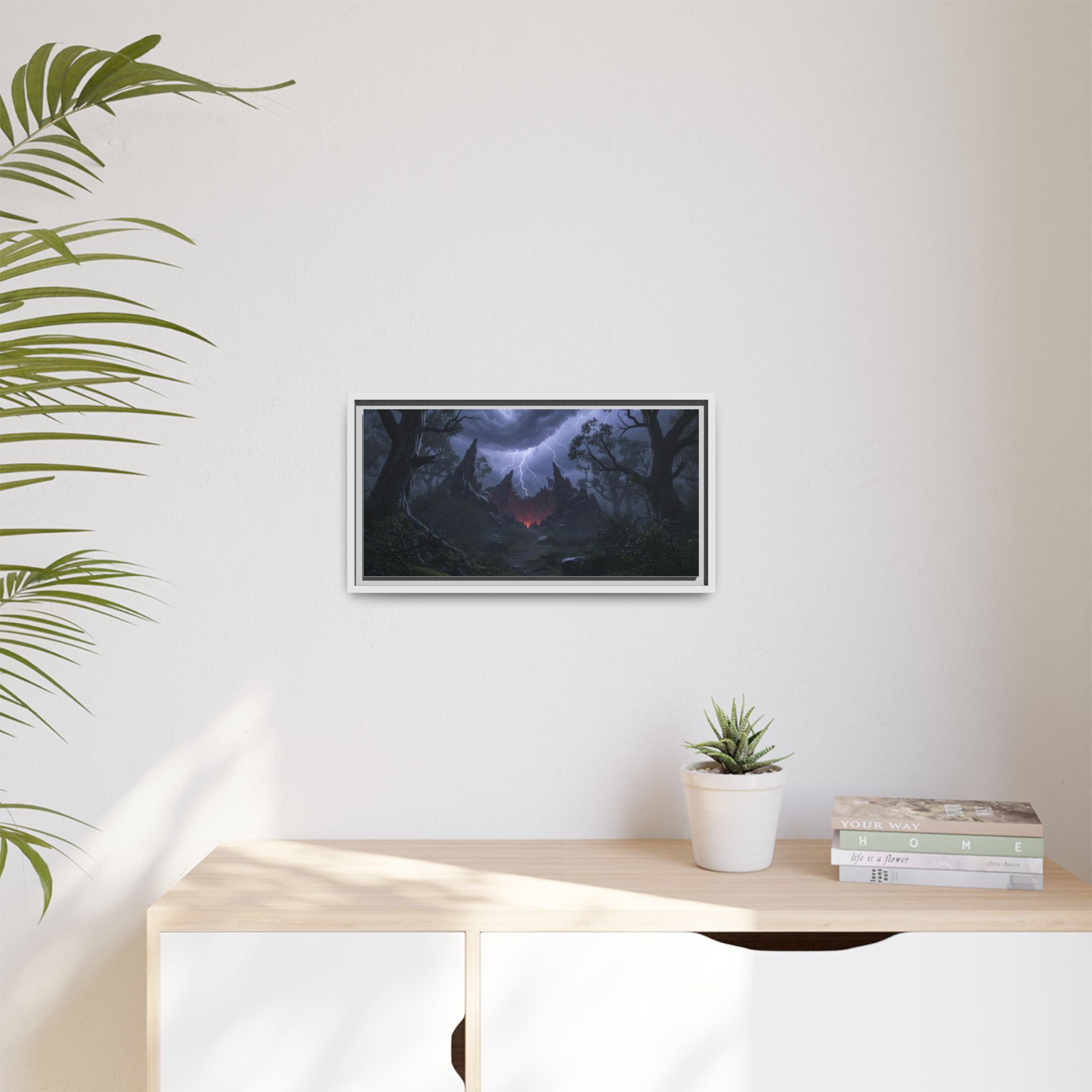 Dark Storm Forest Framed Canvas Print — Lightning, Haunted Castle Art