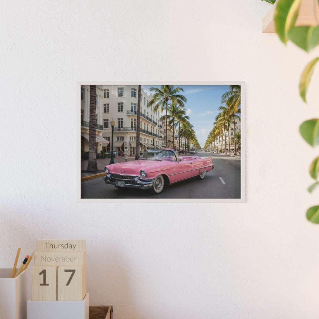 Vintage Pink Cadillac Wall Poster with Wooden Frame — Retro Miami Palm Street Photography
