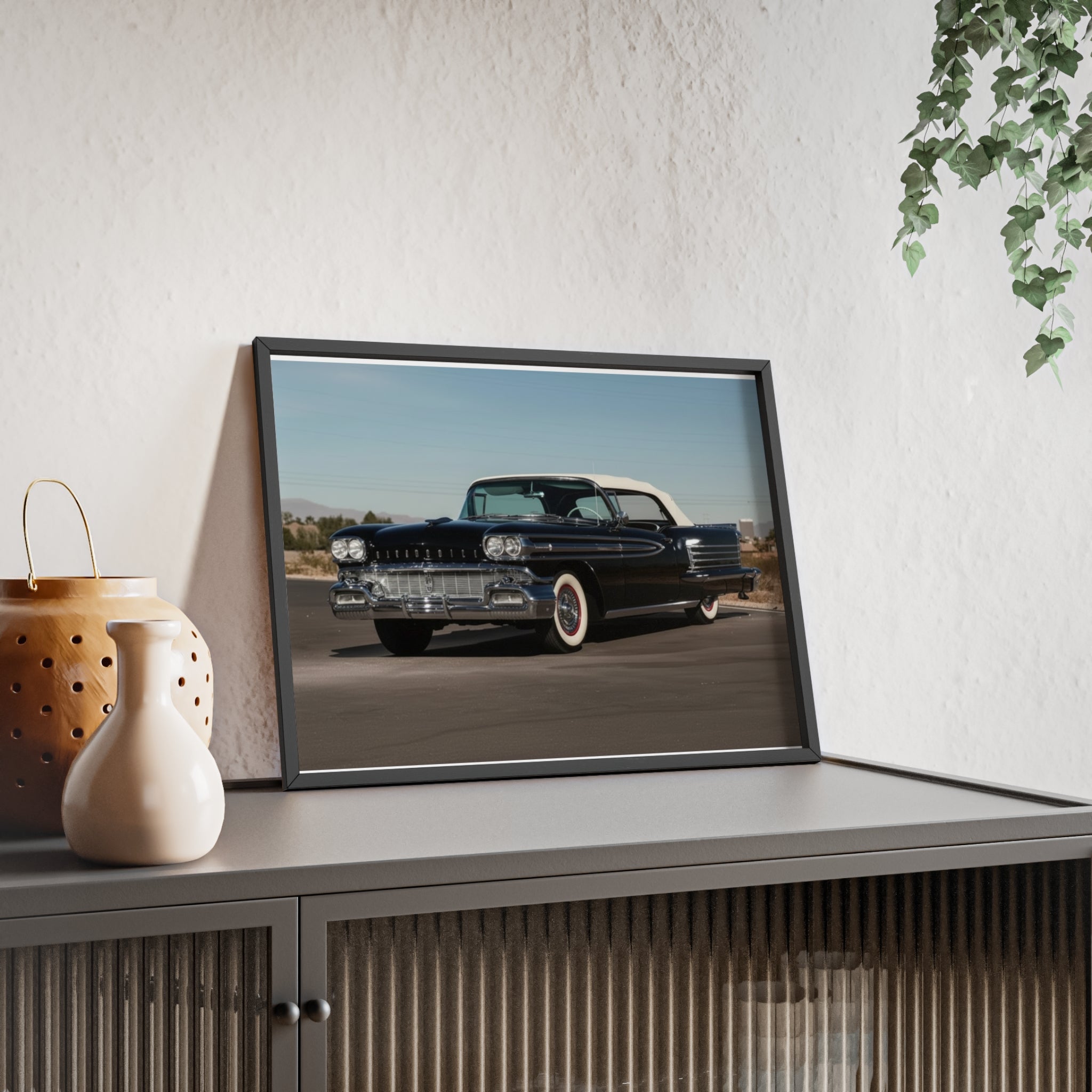 Vintage Black Classic Car Poster with Wooden Frame — Retro Automobile Wall Art