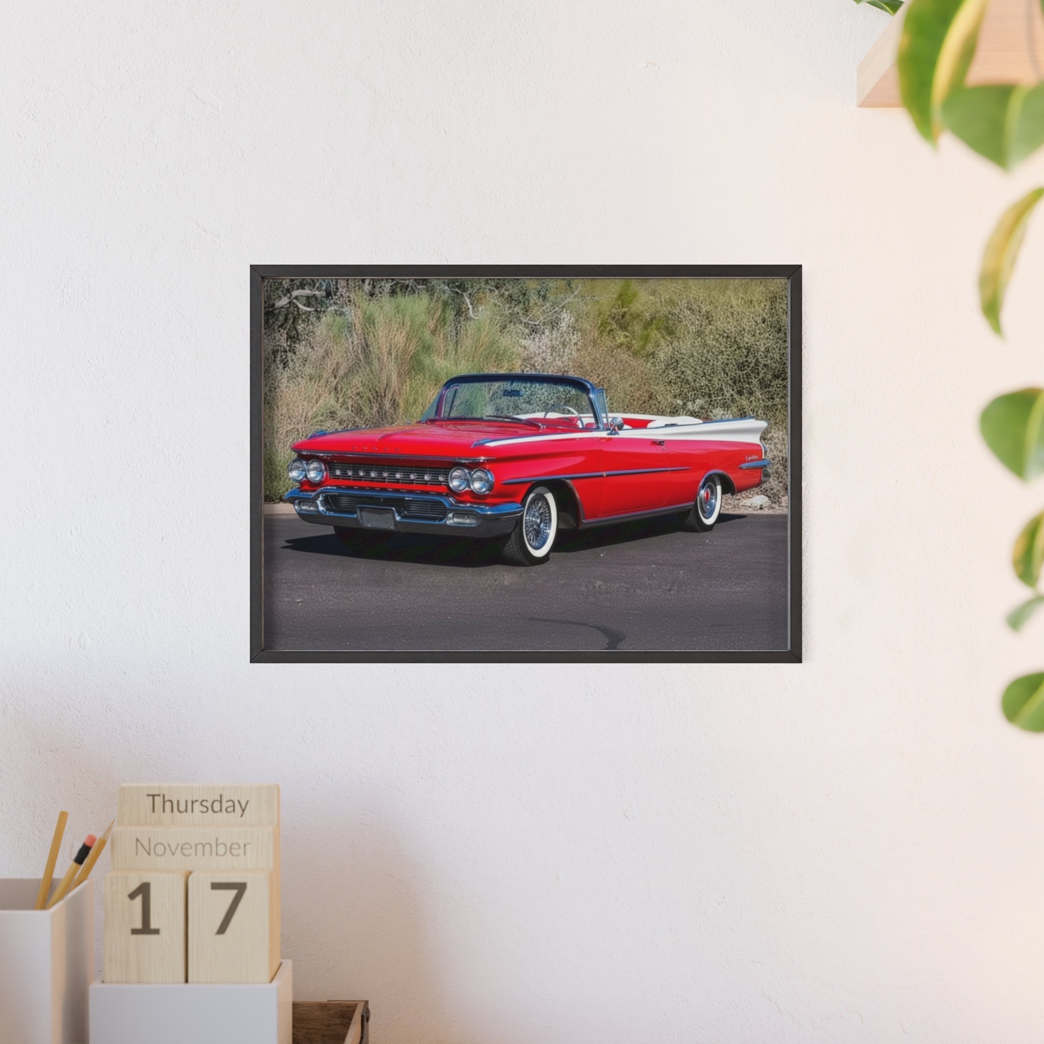 Vintage Red Convertible Car Poster with Wooden Frame — Classic Auto Wall Art