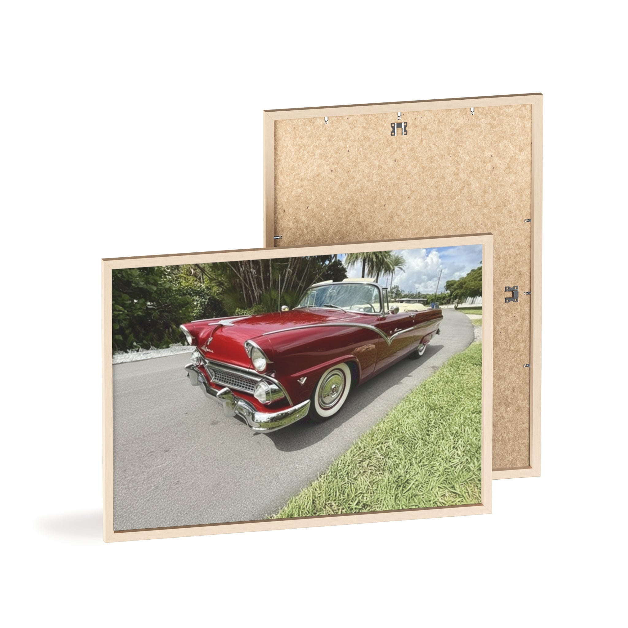 Vintage Red Convertible Poster with Wooden Frame — Classic Car Wall Art
