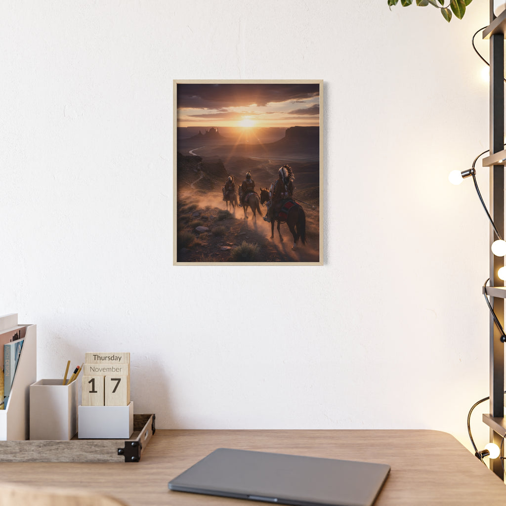 Framed Western Sunset Poster — Native Riders on Horseback Wall Art