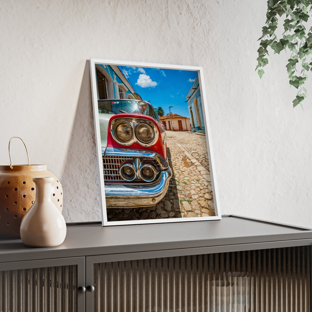 Vintage Classic Car Poster with Wooden Frame — Retro Cuba Street Photography Wall Art