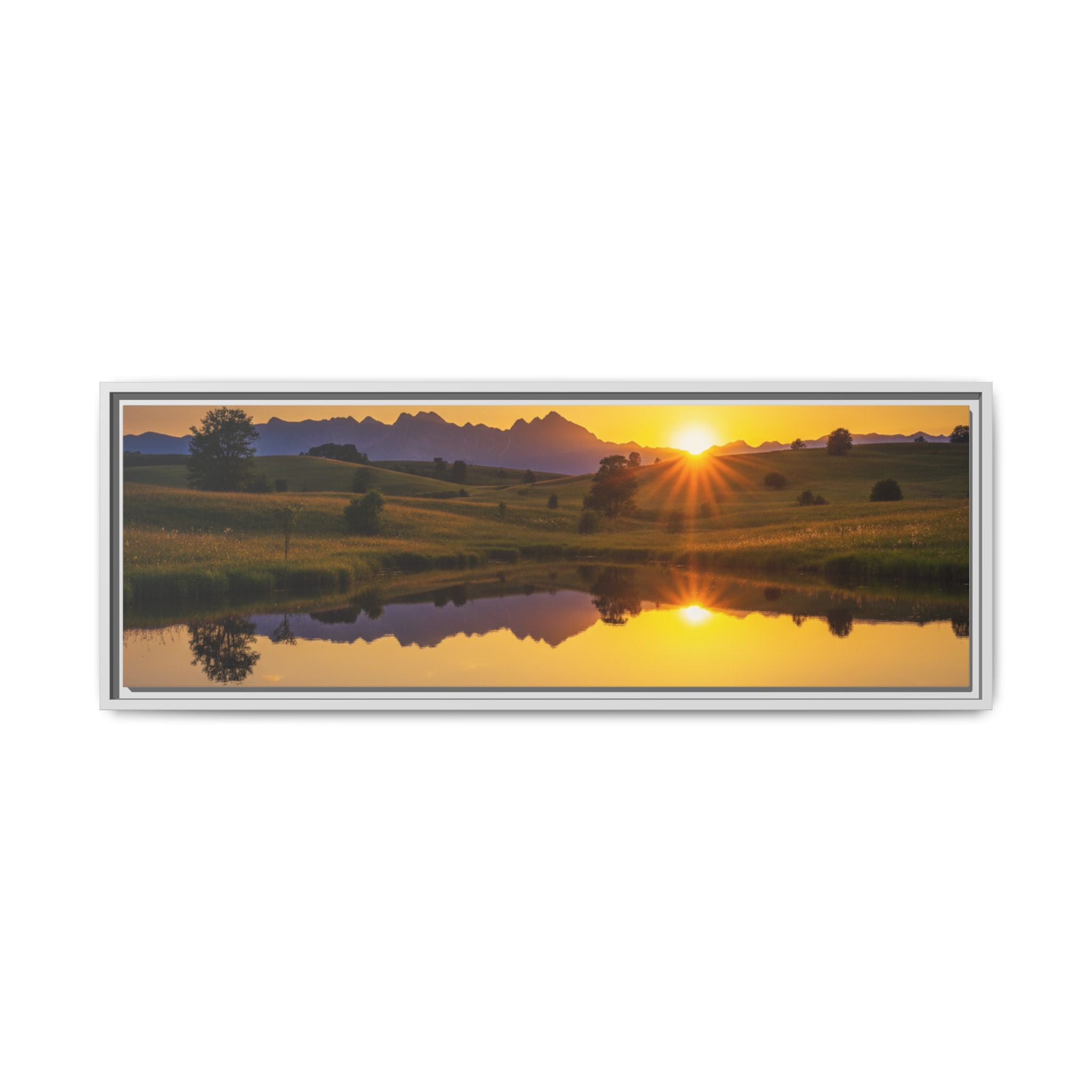 Framed Matte Canvas Sunset Landscape — Serene Lake Reflection Wall Art