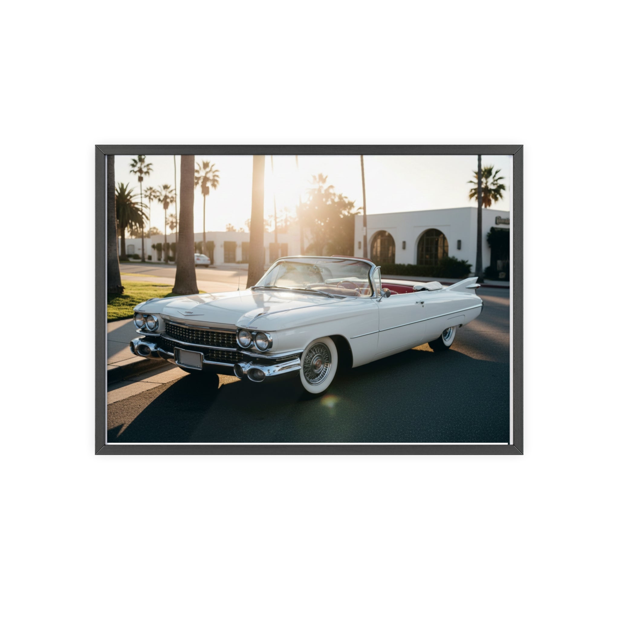 Vintage Cadillac Convertible Poster with Wooden Frame — Retro Palm Trees Sunset Wall Art