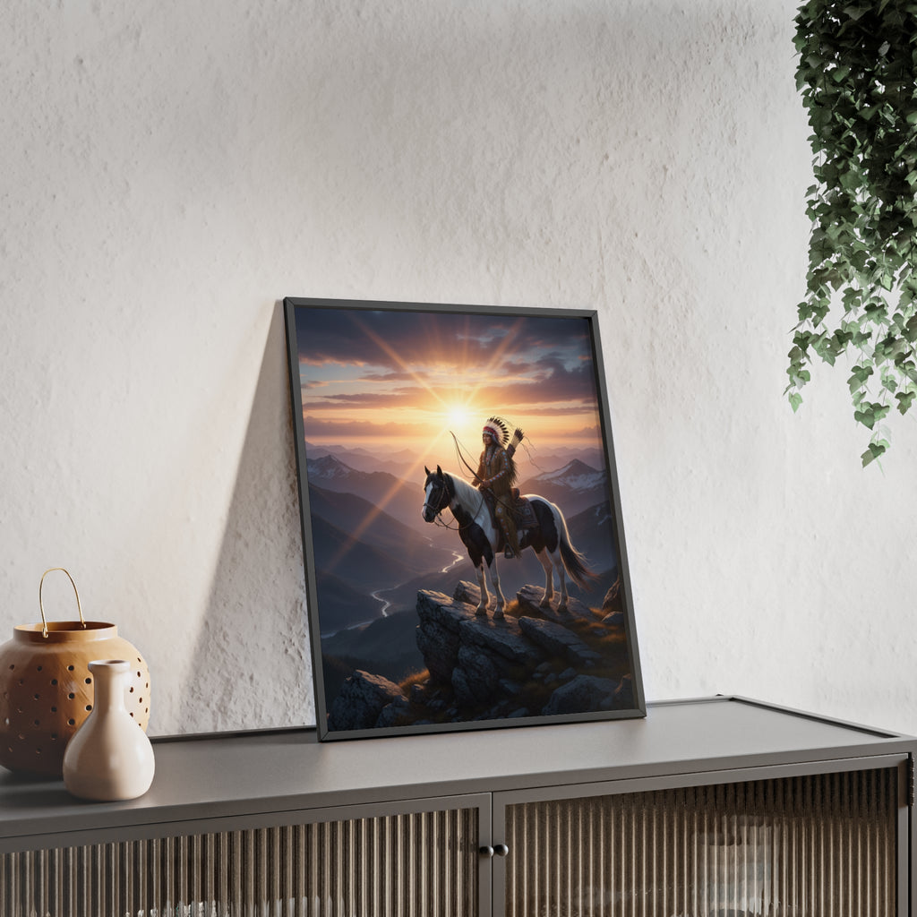 Native American Warrior on Horse Framed Poster — Scenic Sunrise Wall Art