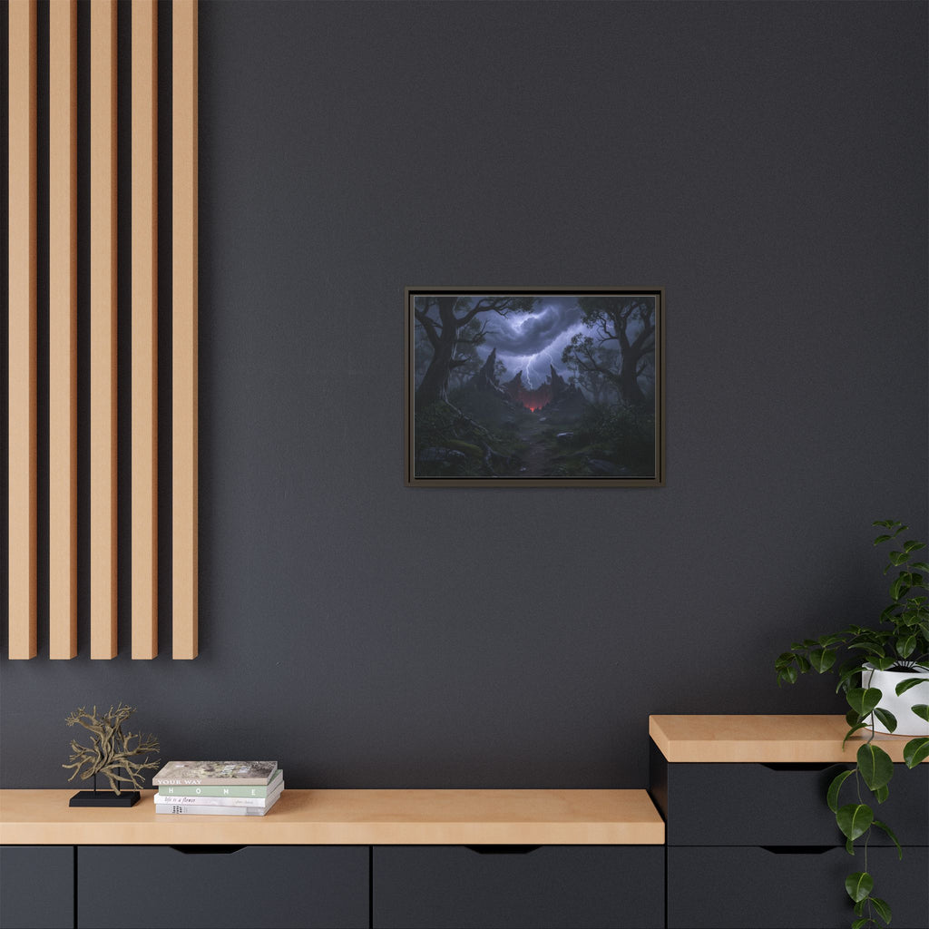 Dark Storm Forest Framed Canvas Print — Lightning, Haunted Castle Art
