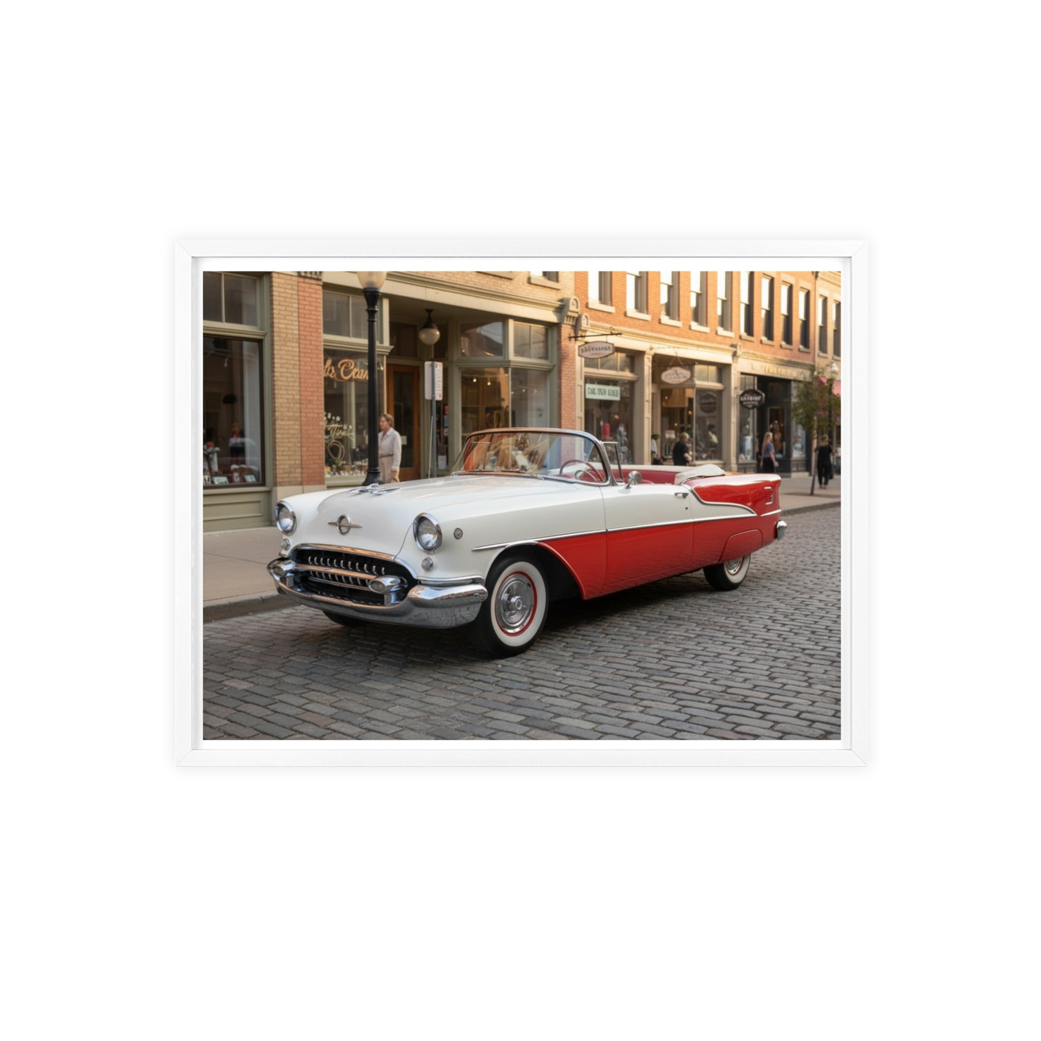 Vintage Red & White Convertible Poster with Wooden Frame — Retro Car Wall Art