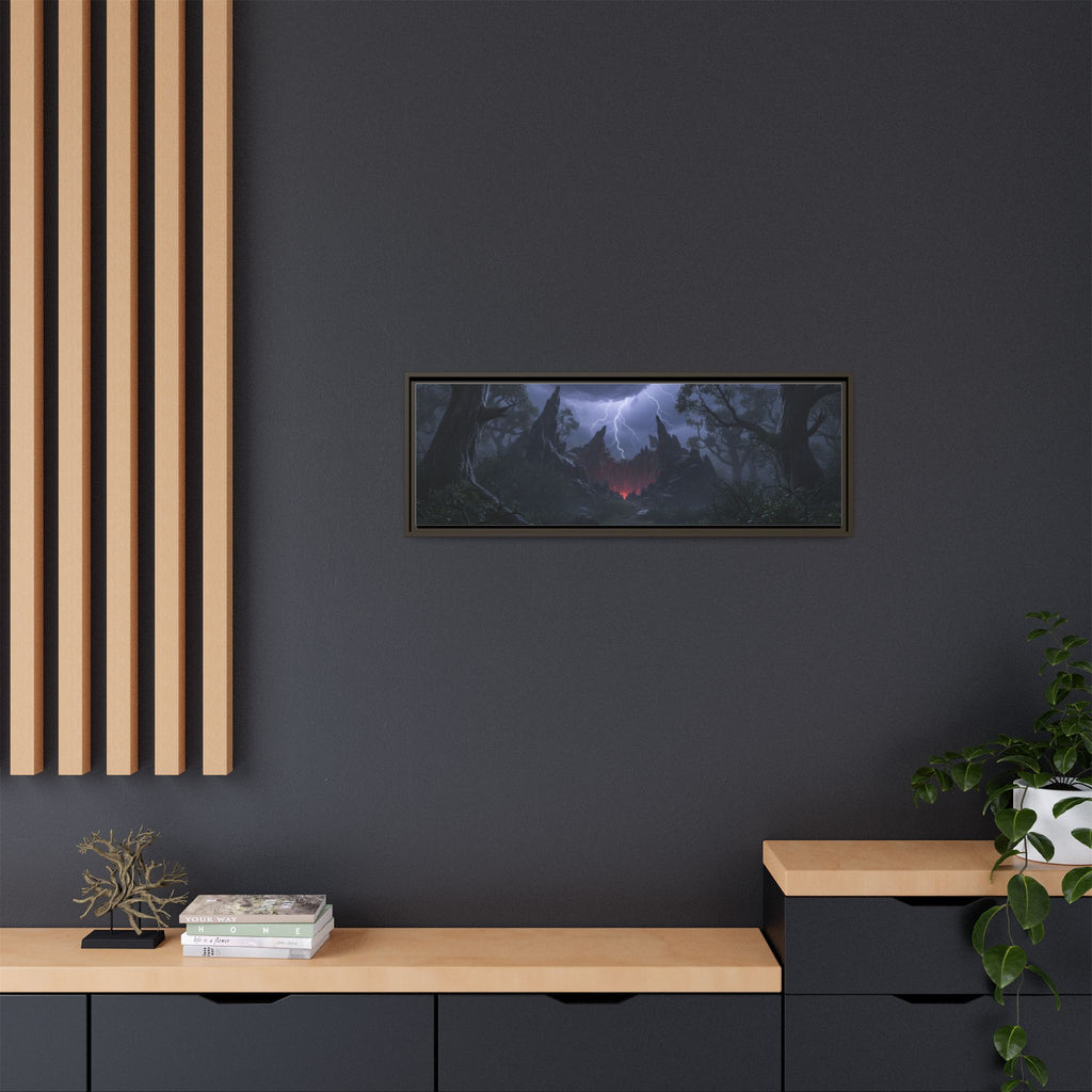 Dark Storm Forest Framed Canvas Print — Lightning, Haunted Castle Art
