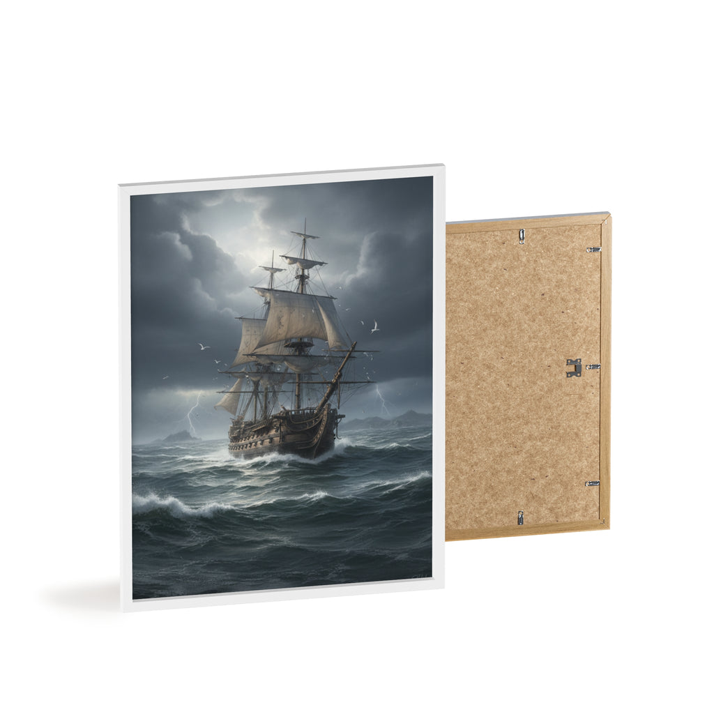 Framed Stormy Sea Ship Poster — Nautical Wall Art with Wooden Frame