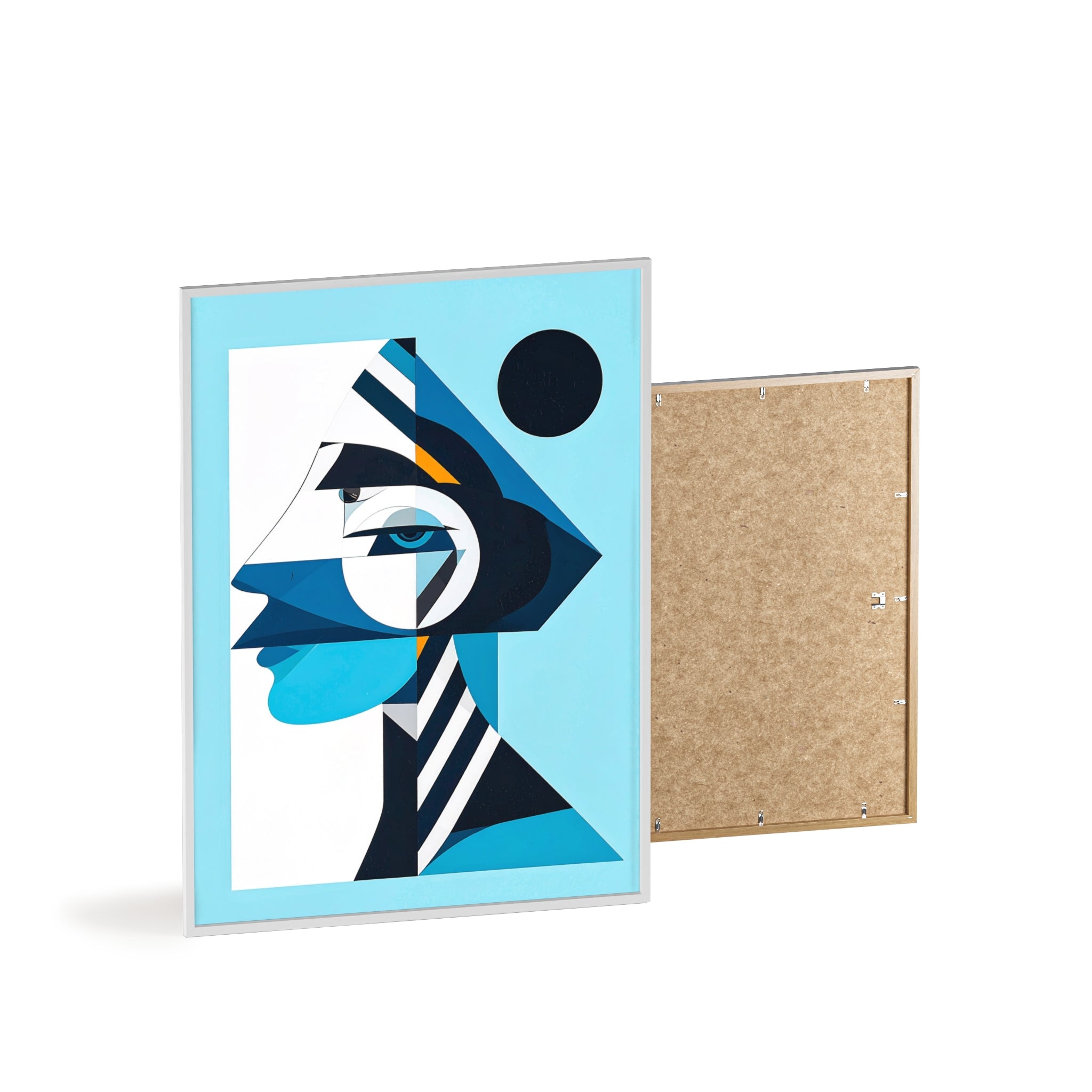 Abstract Geometric Portrait Poster with Wooden Frame — Blue Modern Wall Art