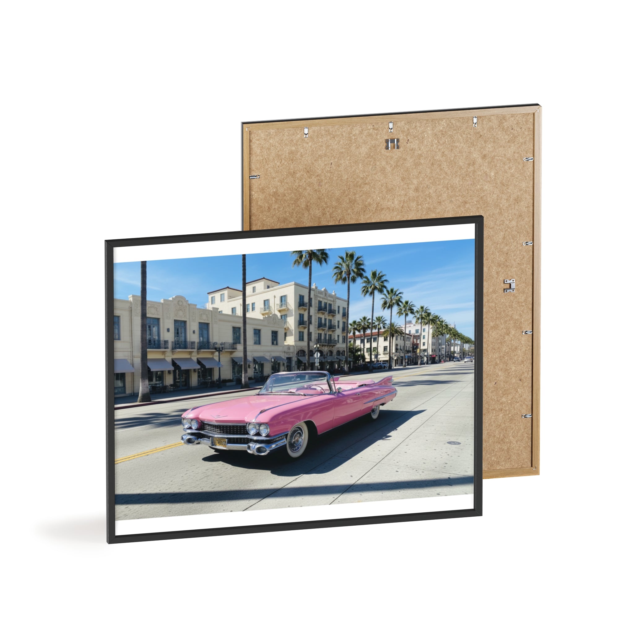 Retro Pink Cadillac Poster with Wooden Frame — Vintage Palm-Drive Wall Art