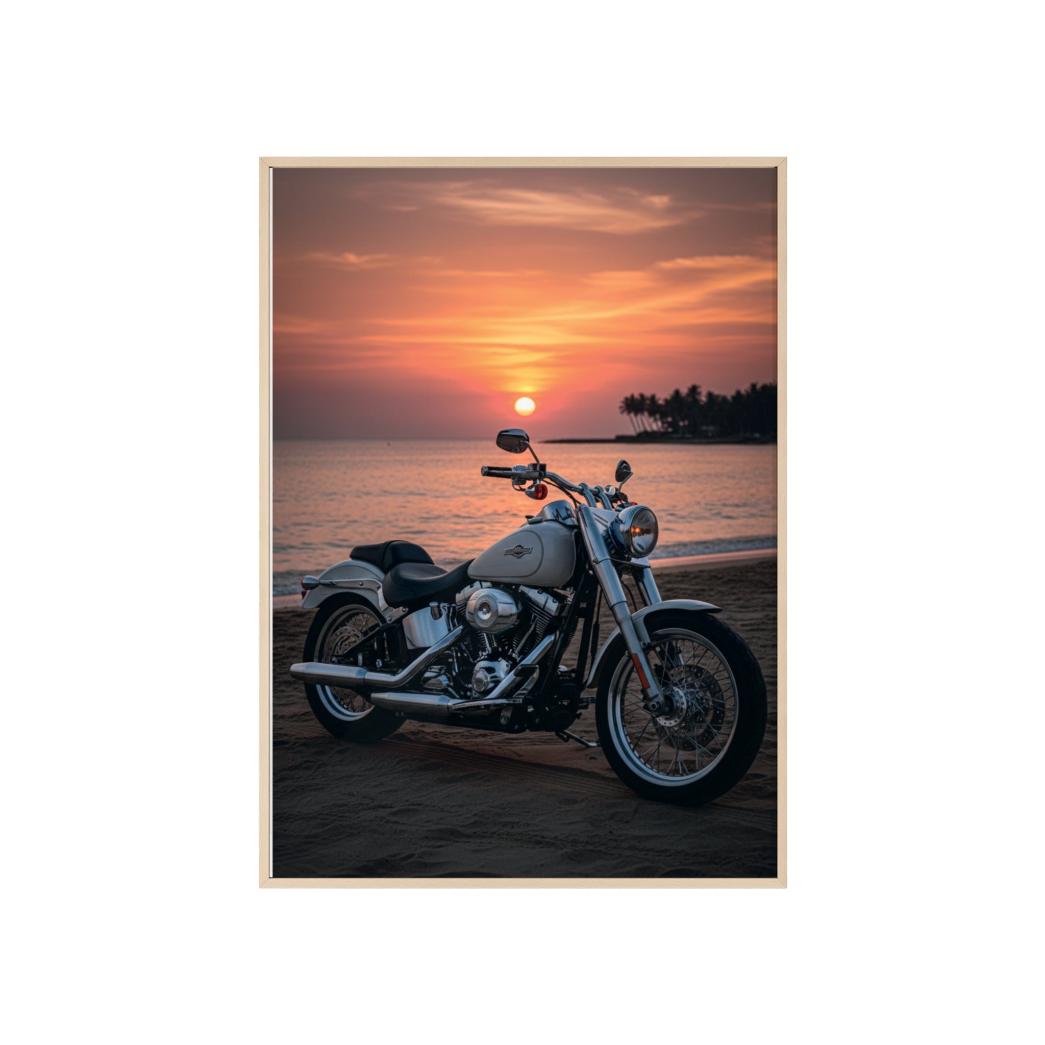 Sunset Beach Motorcycle Poster with Wooden Frame — Vintage Cruiser Wall Art