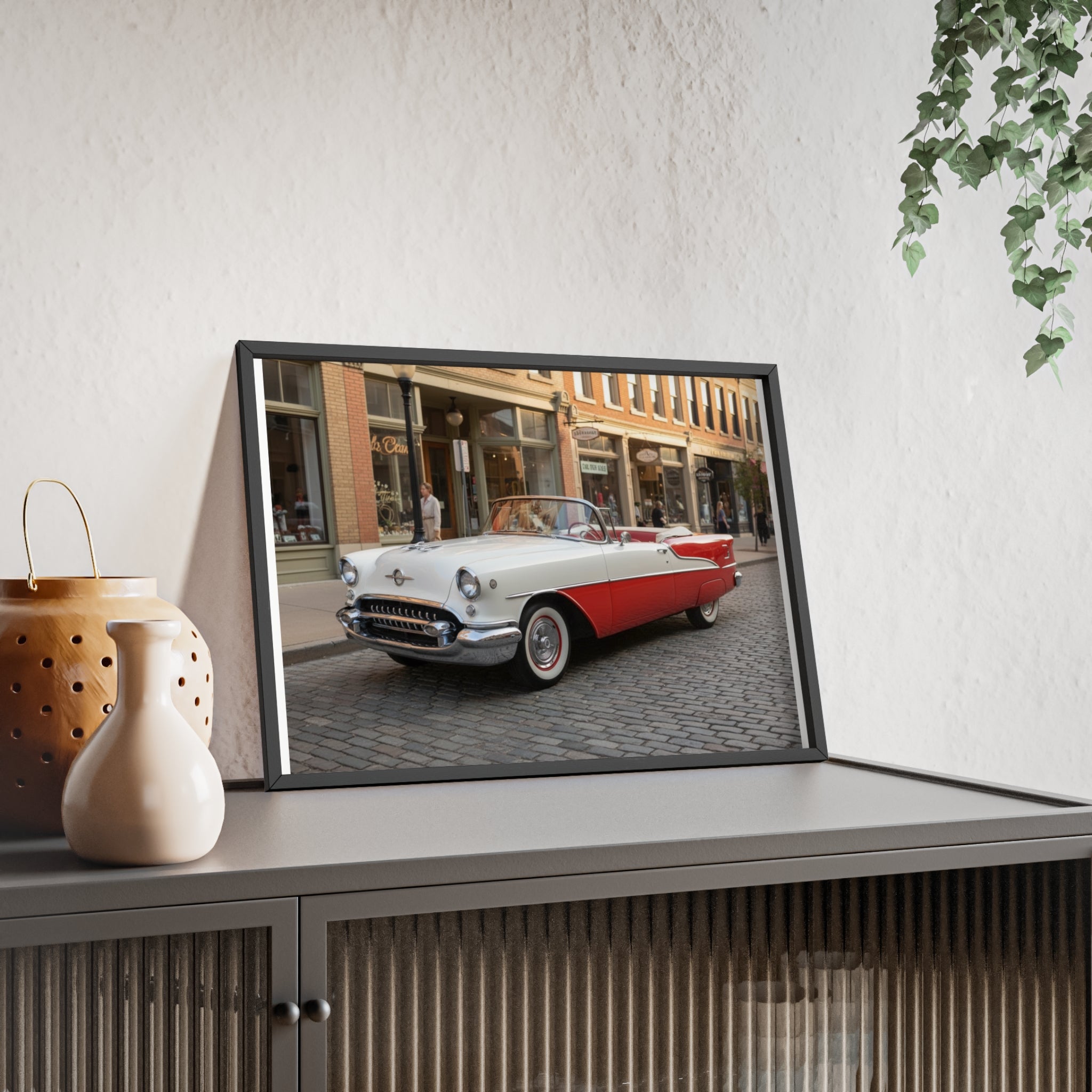 Vintage Red & White Convertible Poster with Wooden Frame — Retro Car Wall Art