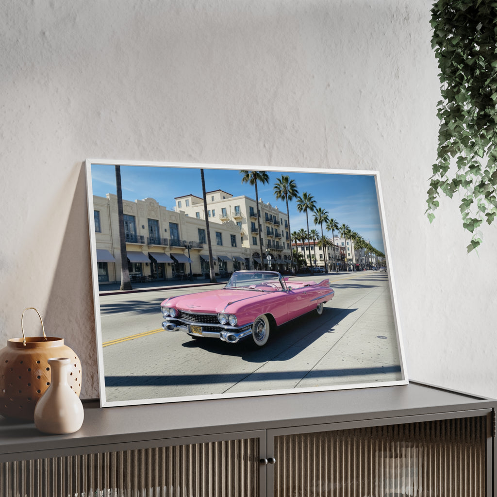 Retro Pink Cadillac Poster with Wooden Frame — Vintage Palm-Drive Wall Art