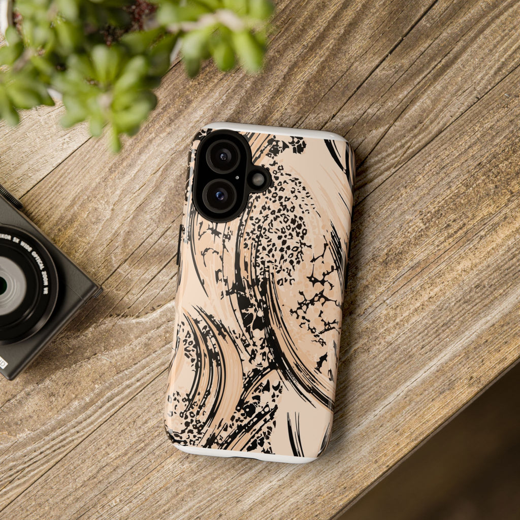 Abstract Brushstroke Phone Case — Neutral Beige & Black Artistic Protective Cover