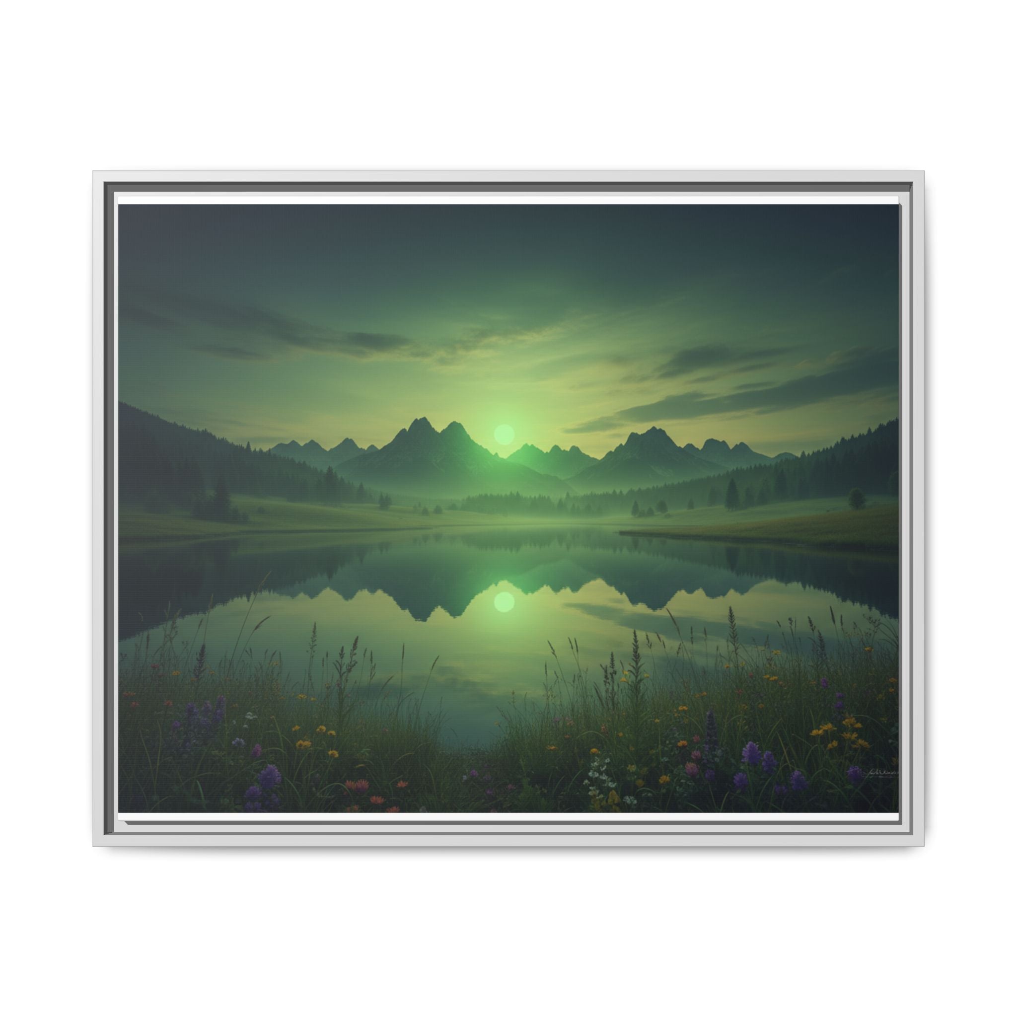 Framed Matte Canvas Print — Serene Green Mountain Lake Landscape