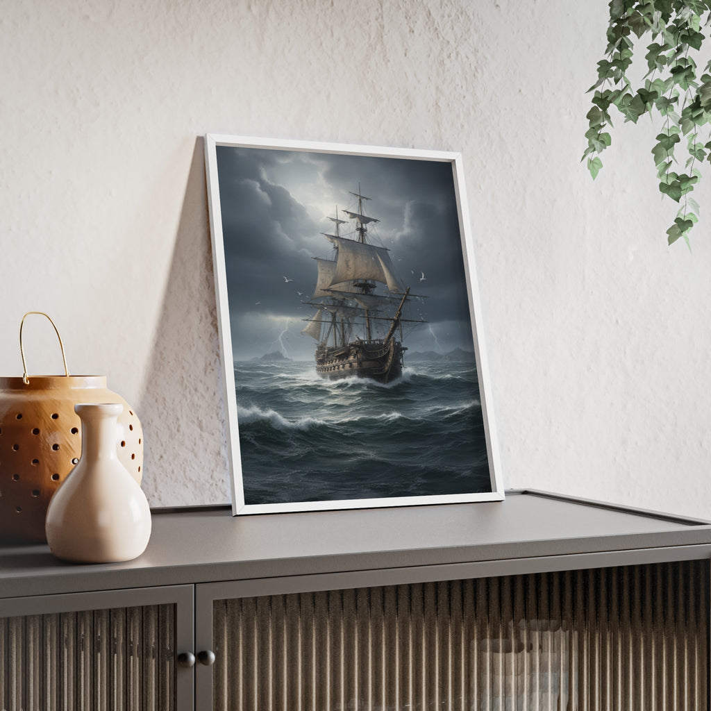 Framed Stormy Sea Ship Poster — Nautical Wall Art with Wooden Frame