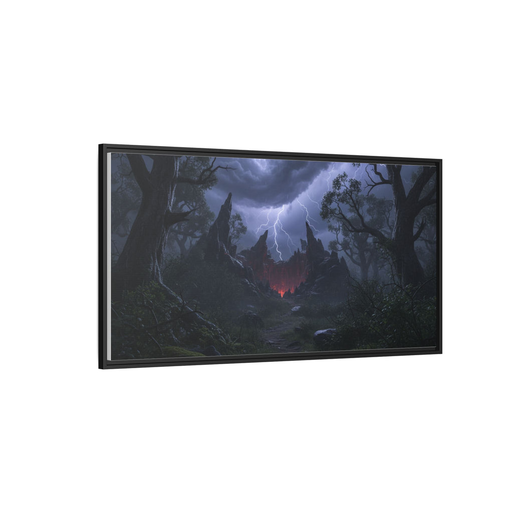 Dark Storm Forest Framed Canvas Print — Lightning, Haunted Castle Art