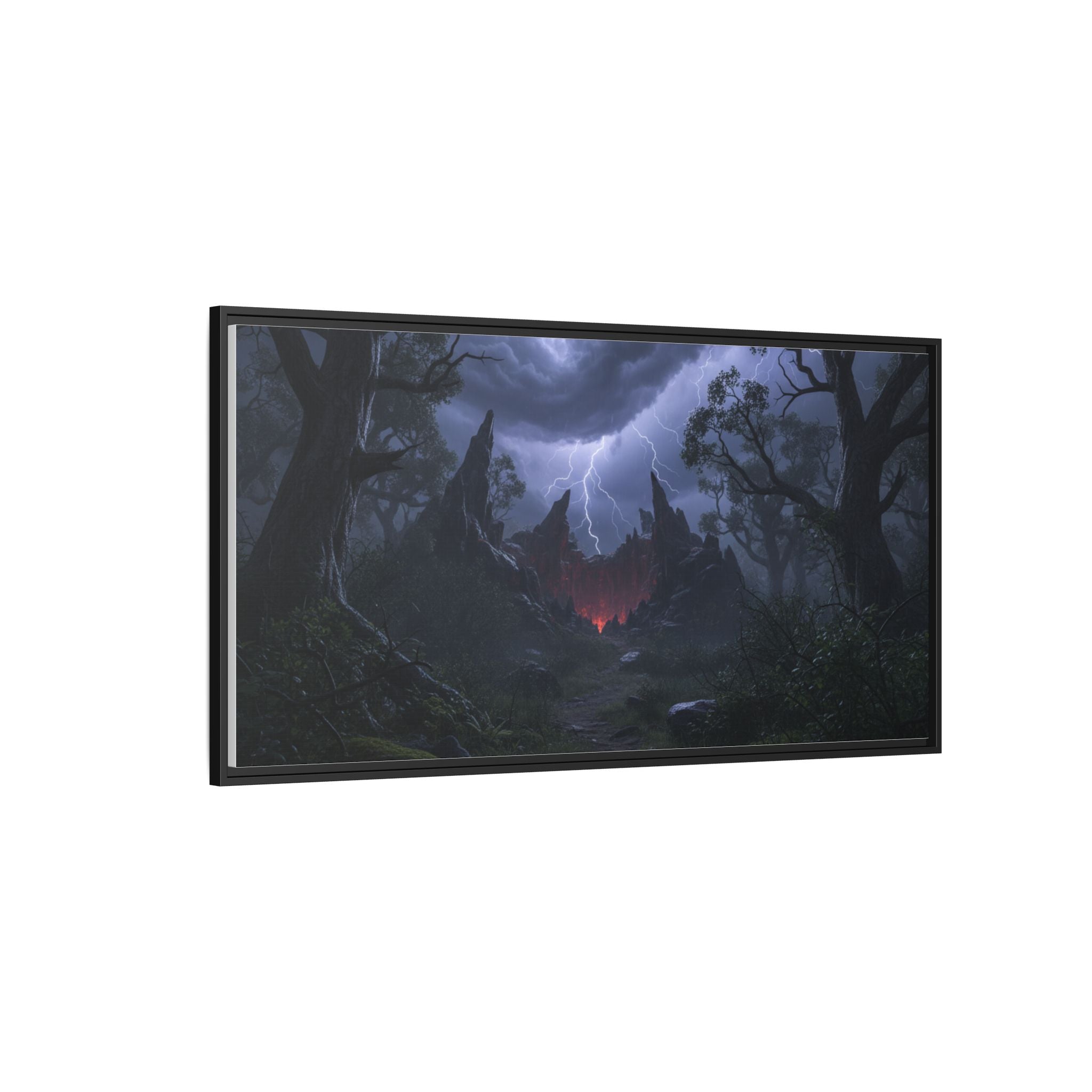 Dark Storm Forest Framed Canvas Print — Lightning, Haunted Castle Art