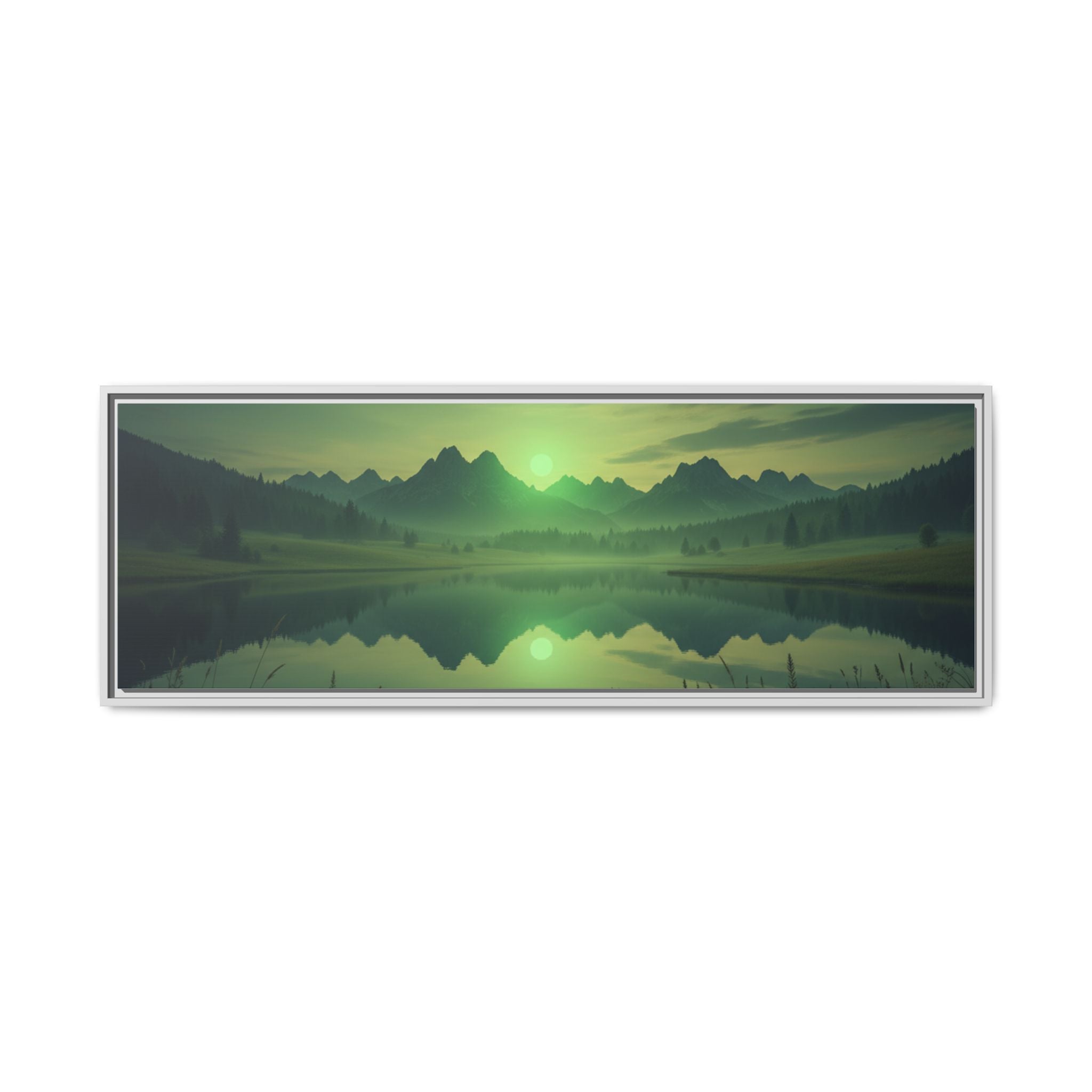 Framed Matte Canvas Print — Serene Green Mountain Lake Landscape