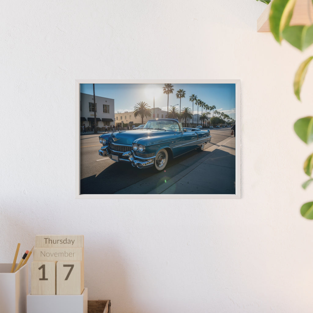 Framed Vintage Cadillac Poster – Retro Palm-Tree Coastal Car Wall Art