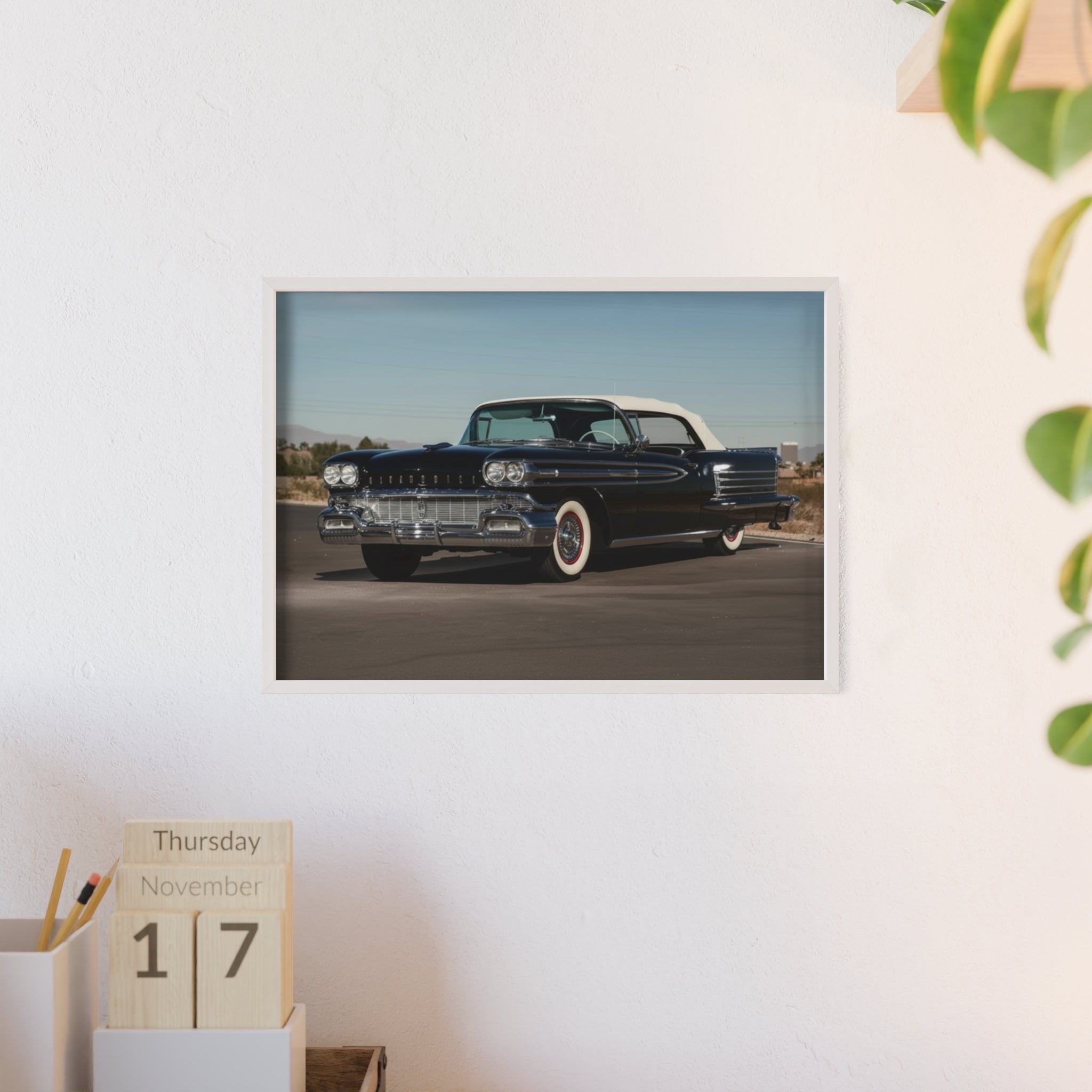 Vintage Black Classic Car Poster with Wooden Frame — Retro Automobile Wall Art