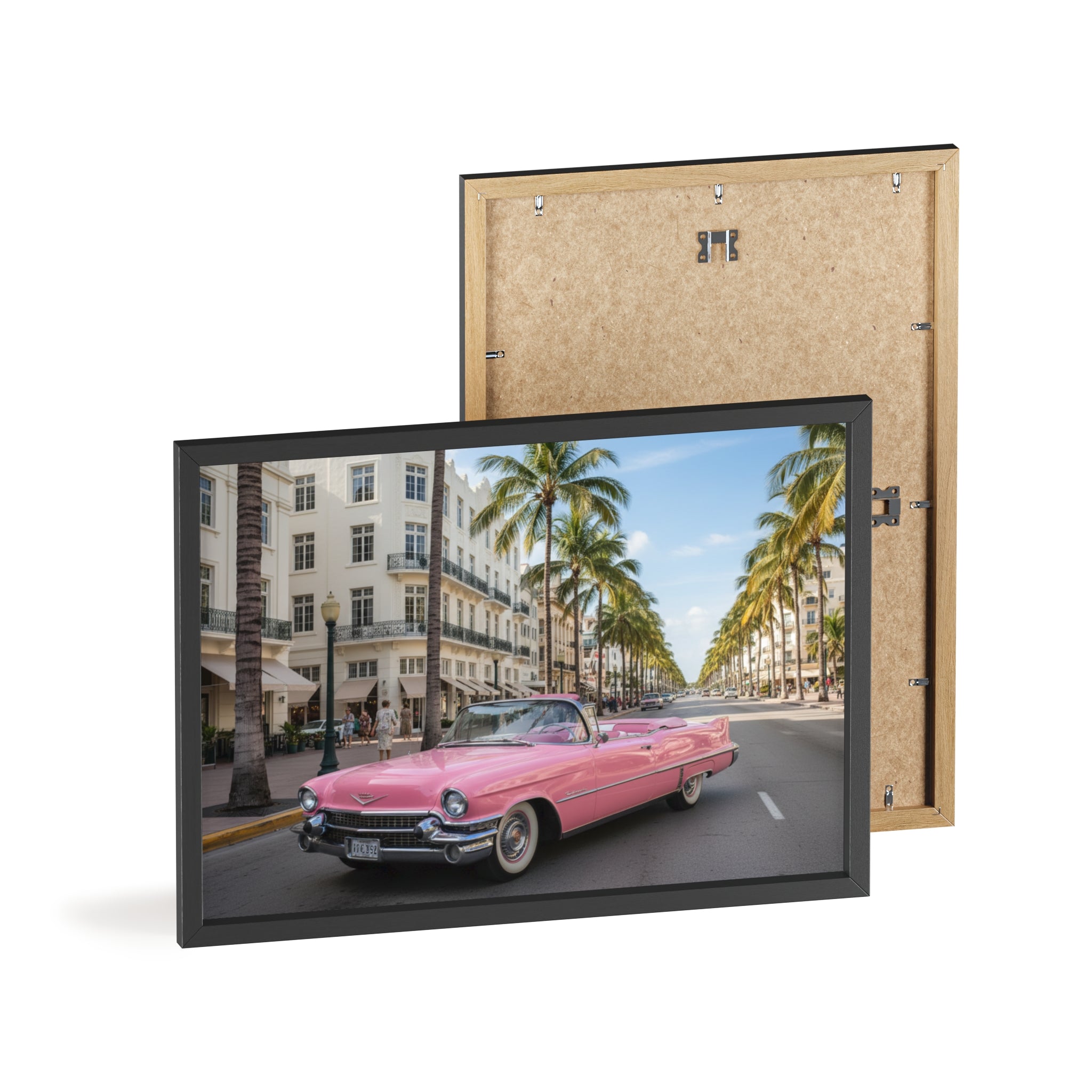 Vintage Pink Cadillac Wall Poster with Wooden Frame — Retro Miami Palm Street Photography