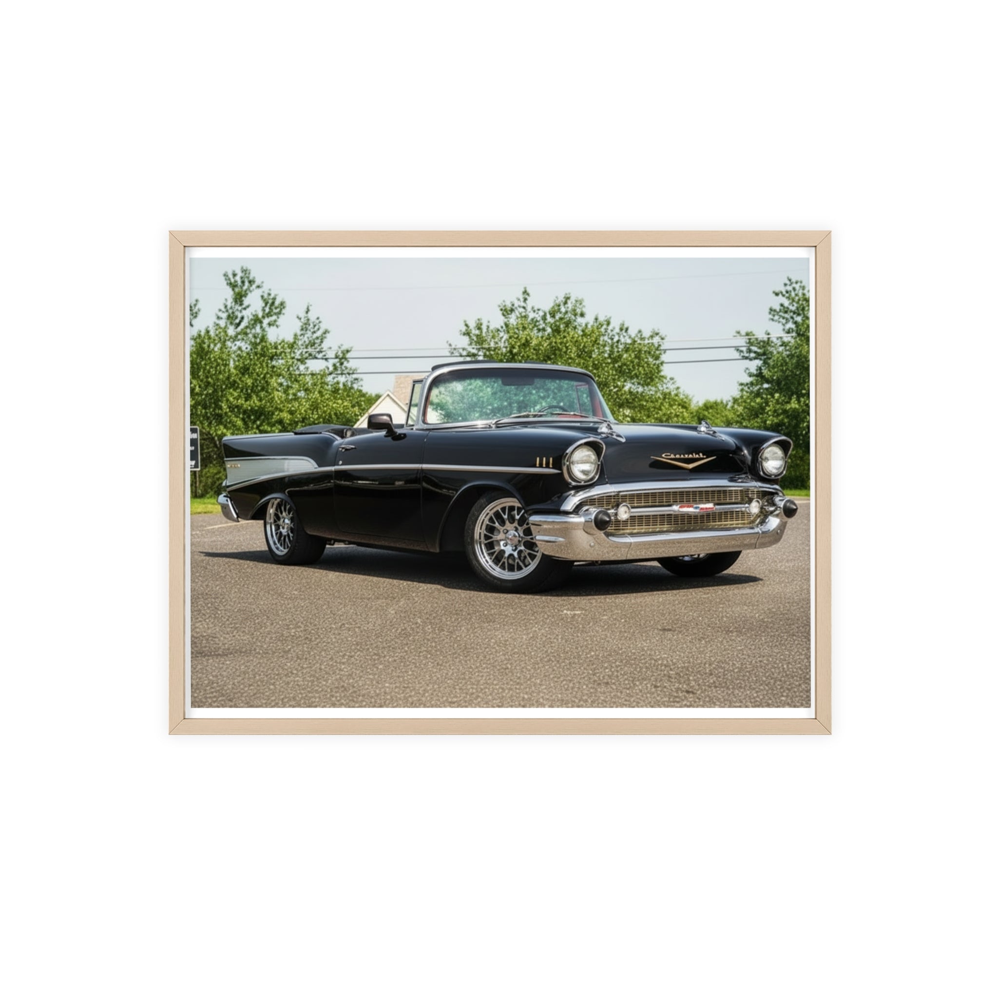 Classic Black 1957 Chevy Poster with Wooden Frame — Vintage Car Wall Art