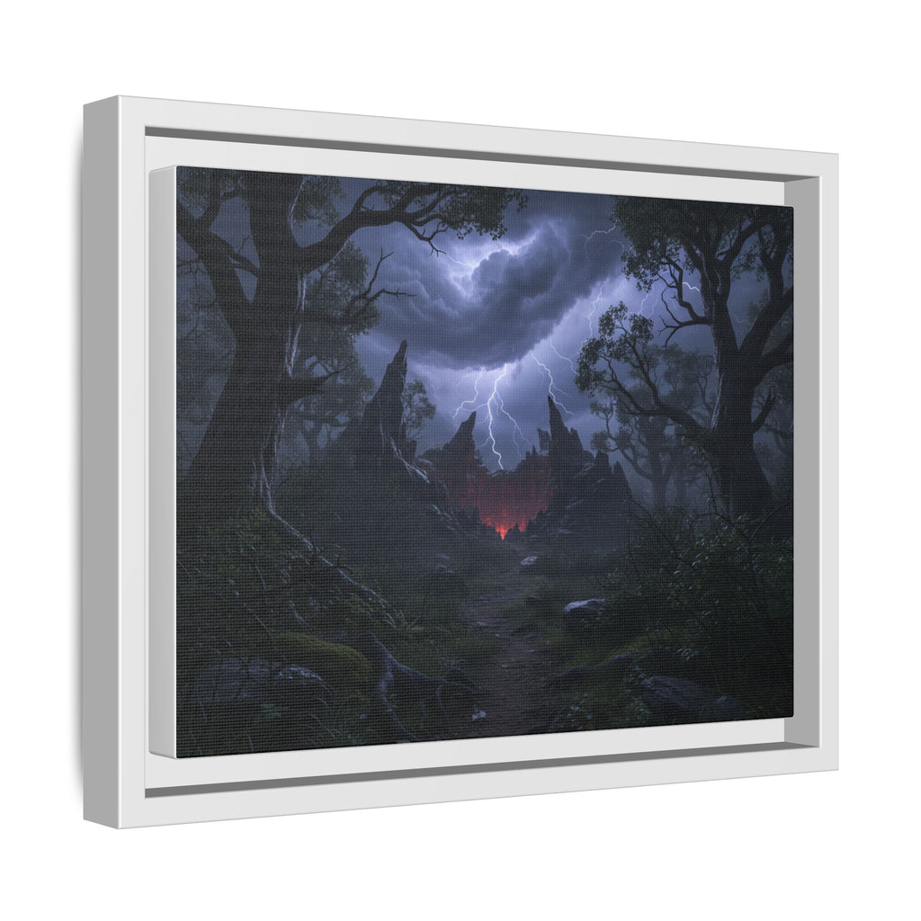 Dark Storm Forest Framed Canvas Print — Lightning, Haunted Castle Art