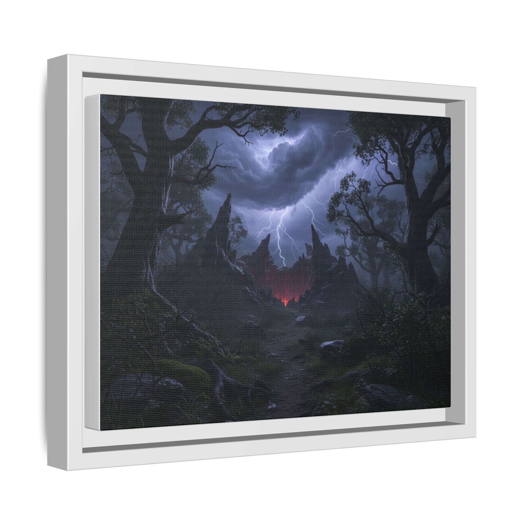 Dark Storm Forest Framed Canvas Print — Lightning, Haunted Castle Art