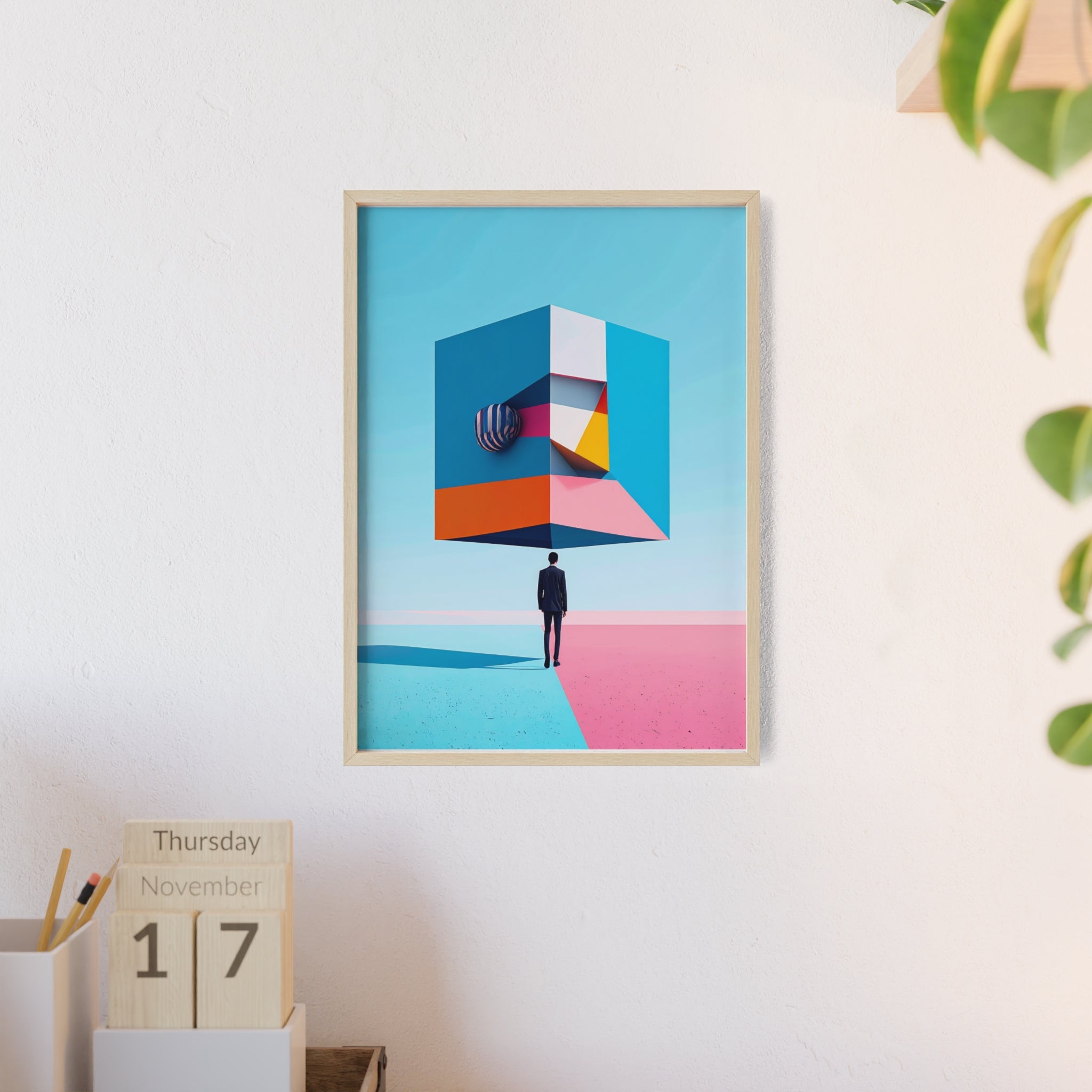 Surreal Geometric Art Poster with Wooden Frame — Modern Minimal Wall Decor
