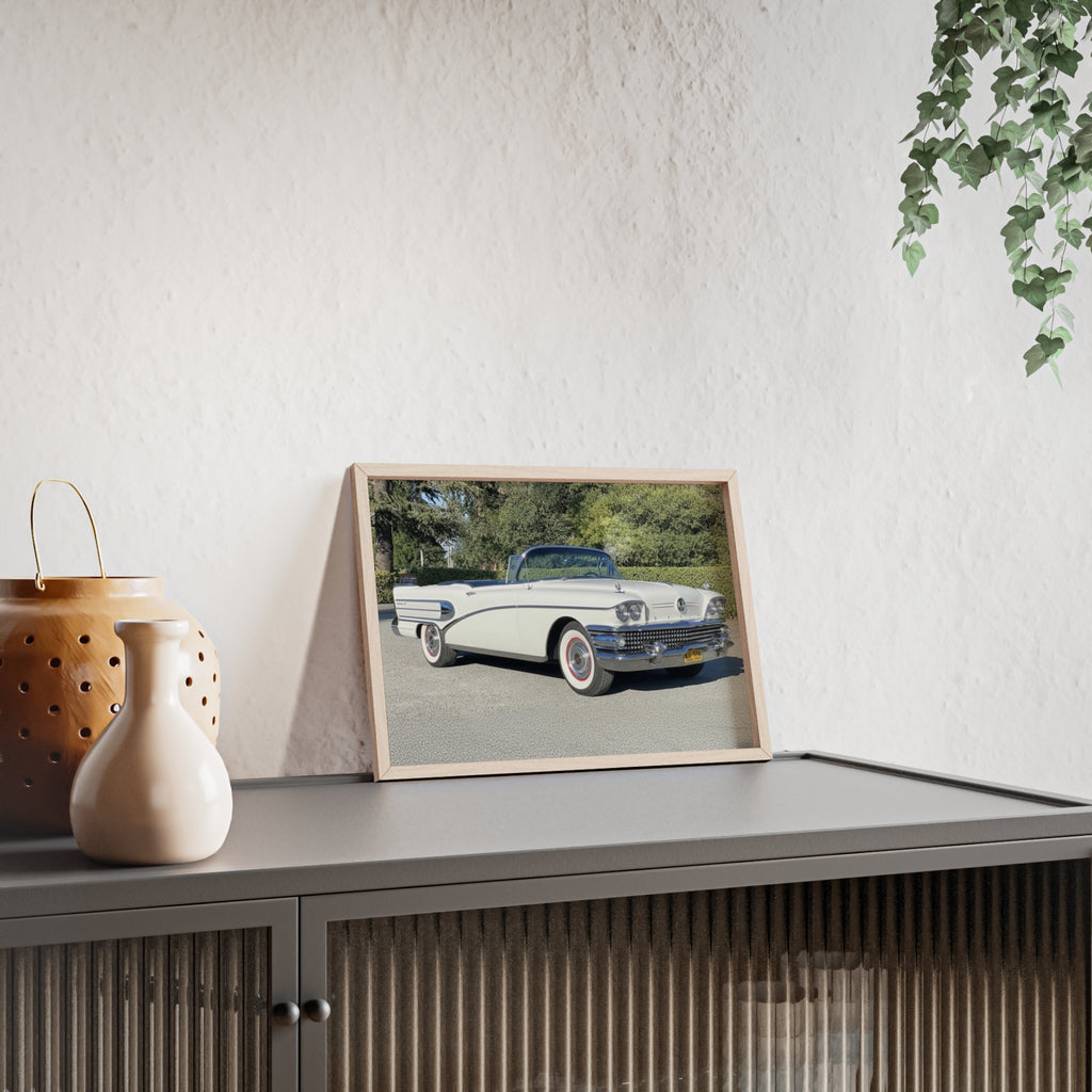 Classic White Convertible Car Poster with Wooden Frame — Vintage Auto Wall Art
