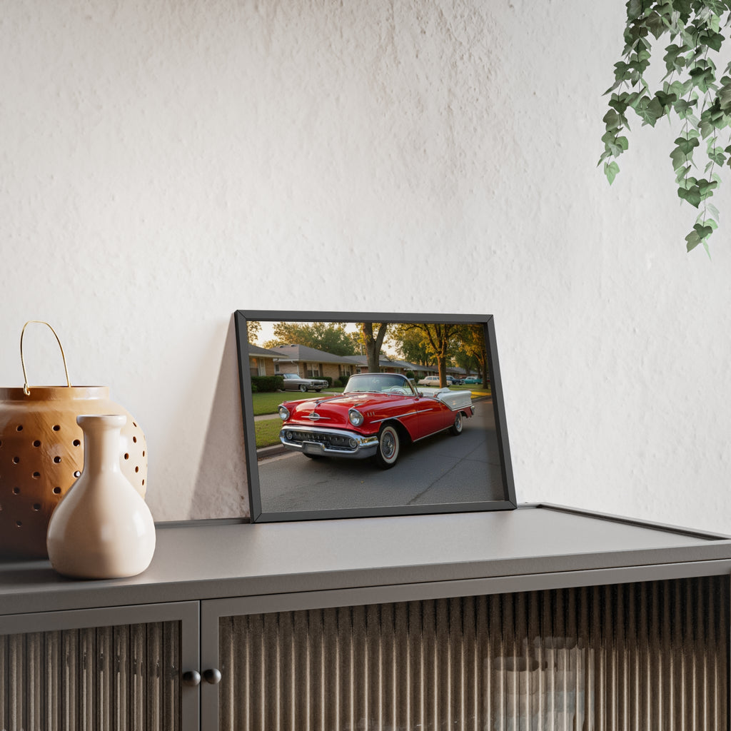 Vintage Red Convertible Poster with Wooden Frame — Classic Car Wall Art