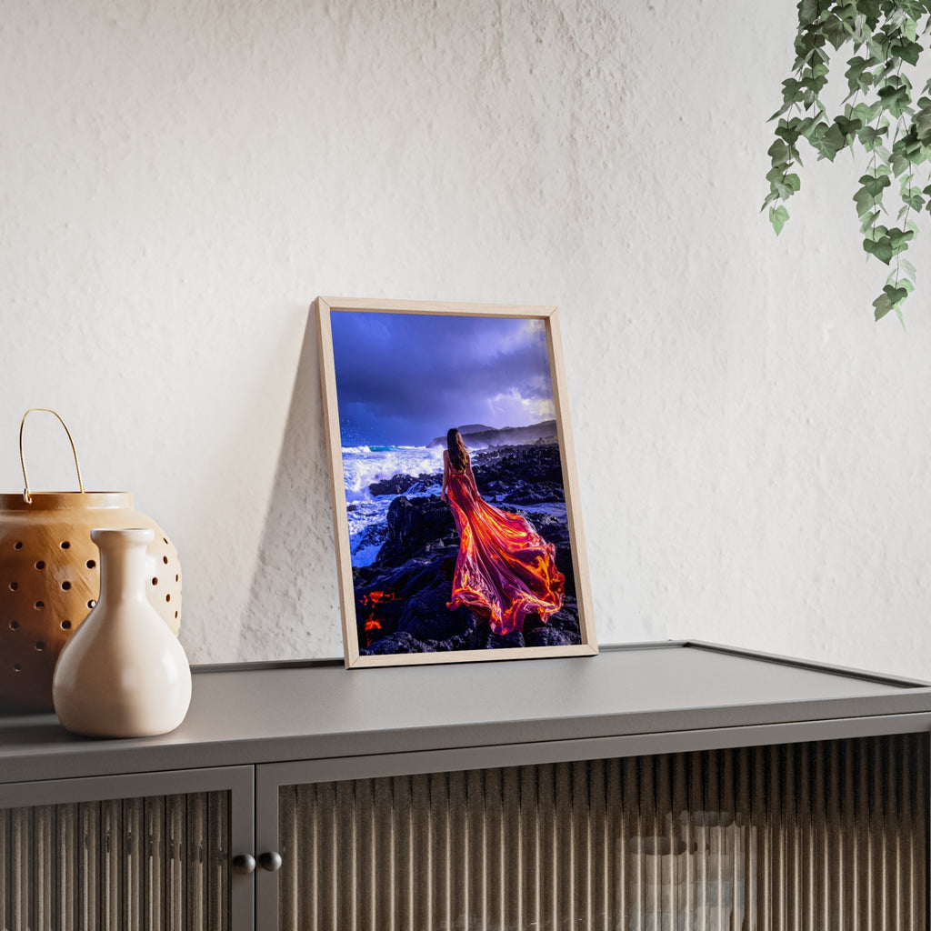 Framed Art Print — Woman in Fiery Red Dress on Rocky Shore (Wooden Frame Poster)