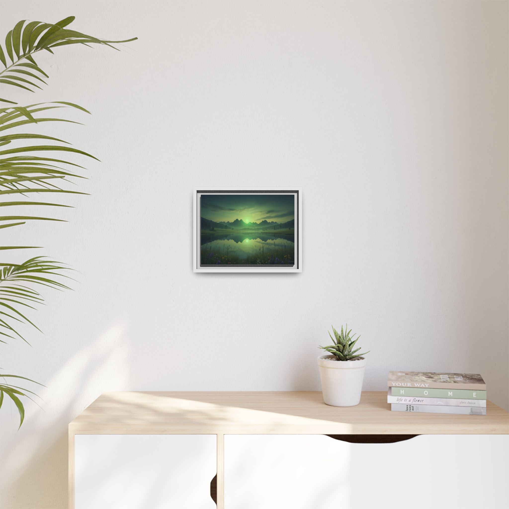 Framed Matte Canvas Print — Serene Green Mountain Lake Landscape