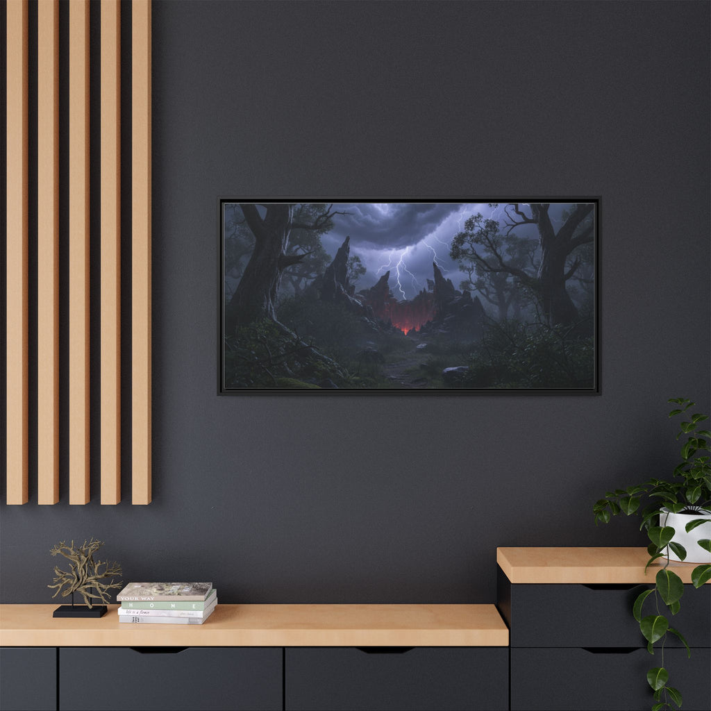 Dark Storm Forest Framed Canvas Print — Lightning, Haunted Castle Art