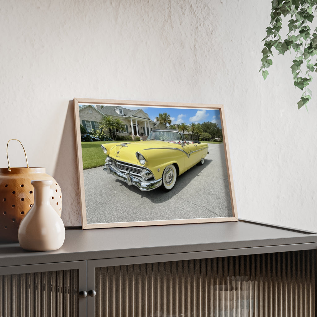 Vintage Yellow Classic Car Poster — Framed Wooden Wall Art